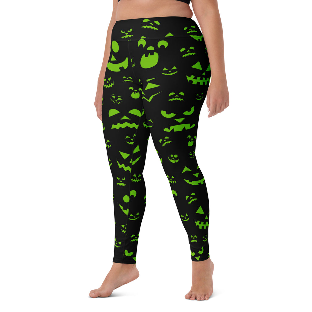 Women's Green Jack-O'-Lantern Faces Halloween Buttery Soft Yoga Leggings - Quick Drying, High Waisted Comfort
