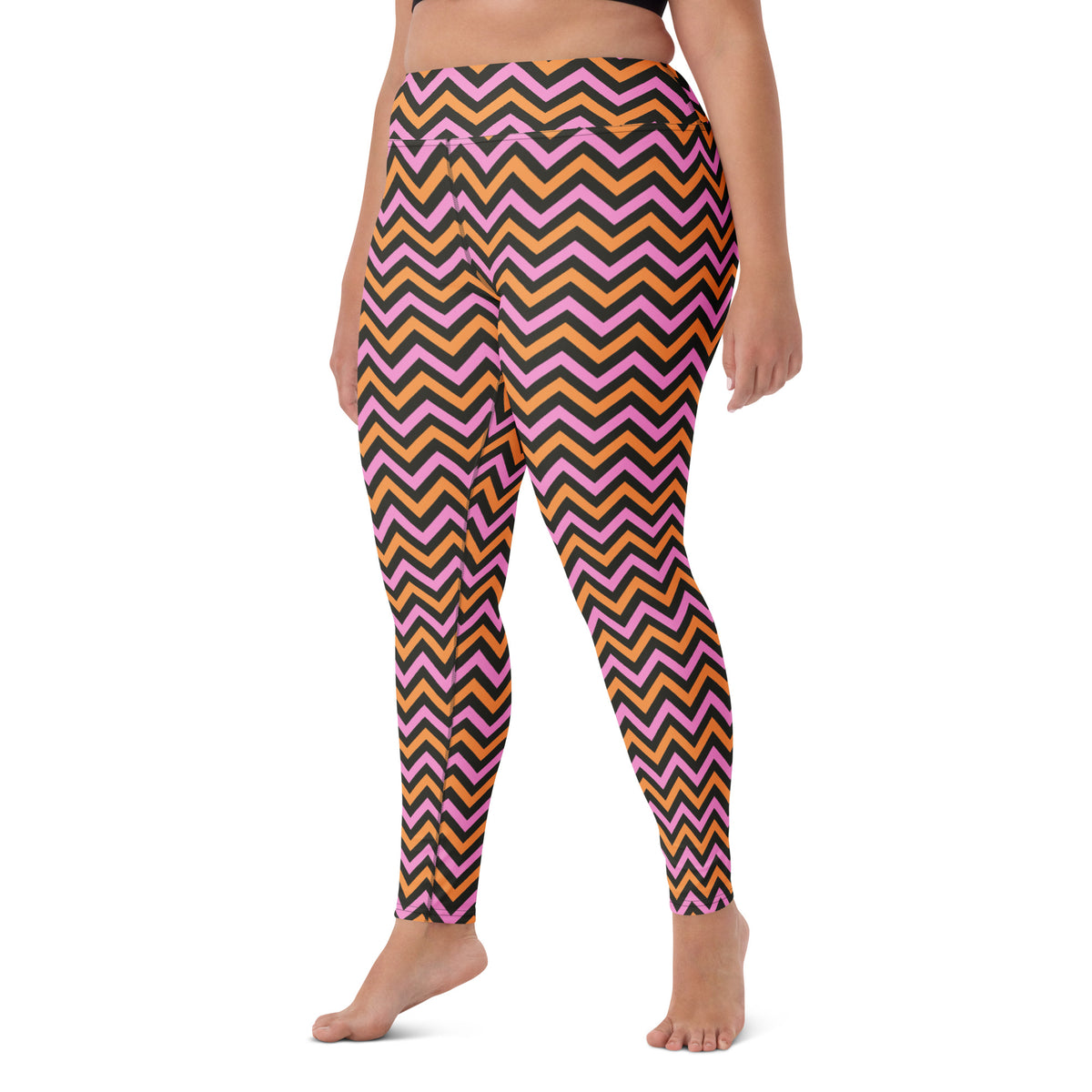 Women's Pink & Orange Chevron Striped Halloween Buttery Soft Yoga Leggings - Quick Drying, High Waisted Comfort
