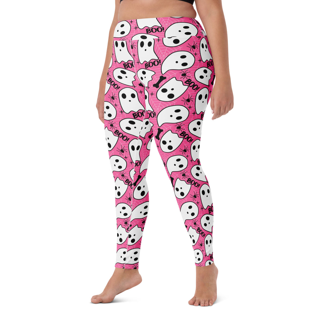 Women's Pink Ghost Halloween Themed Buttery Soft Yoga Leggings - Quick Drying, High Waisted Comfort