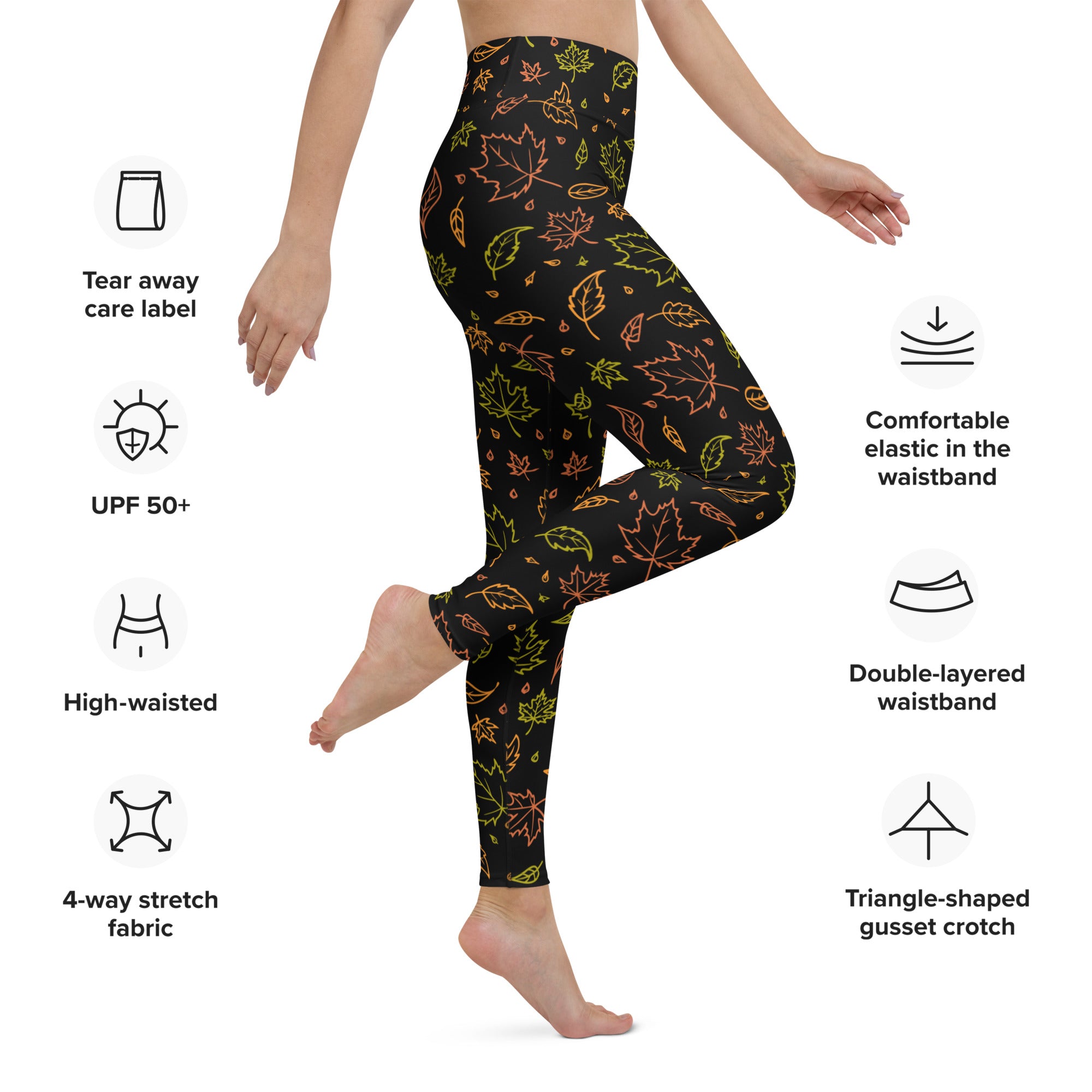Women’s fall leaves buttery soft yoga leggings in black with glowing orange and neon green maple leaf pattern