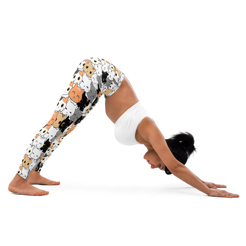 Women’s cat face buttery soft yoga leggings in white black and orange with cute cat patterns for comfortable workouts