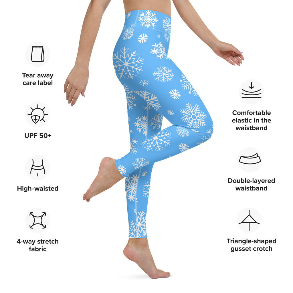 Light blue buttery soft women’s yoga leggings with white snowflake pattern for winter workouts and comfort