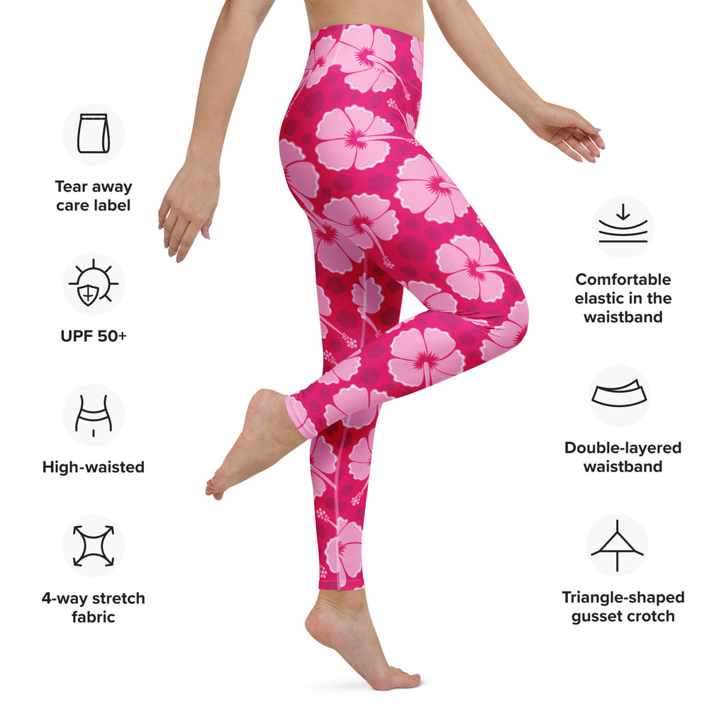 Women’s tropical pink hibiscus floral high-waisted leggings made from buttery soft 4-way stretch fabric