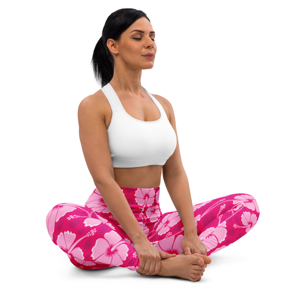 Women’s tropical pink hibiscus floral buttery soft yoga leggings with high waistband and stretchy fabric