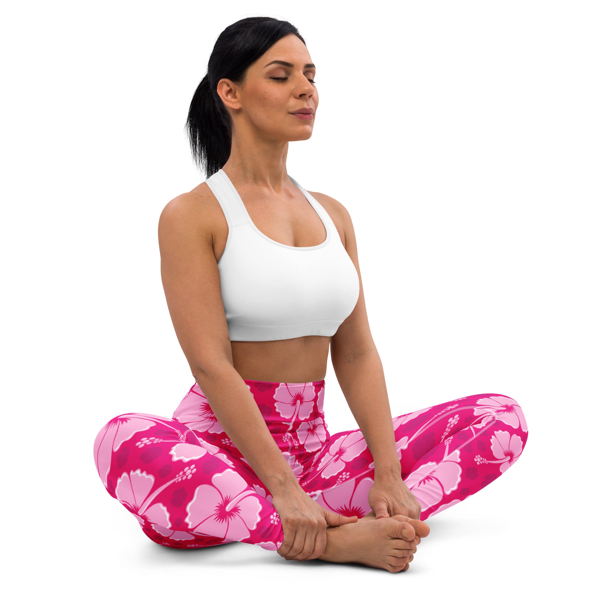 Women’s tropical pink hibiscus floral buttery soft yoga leggings with high waistband and stretchy fabric