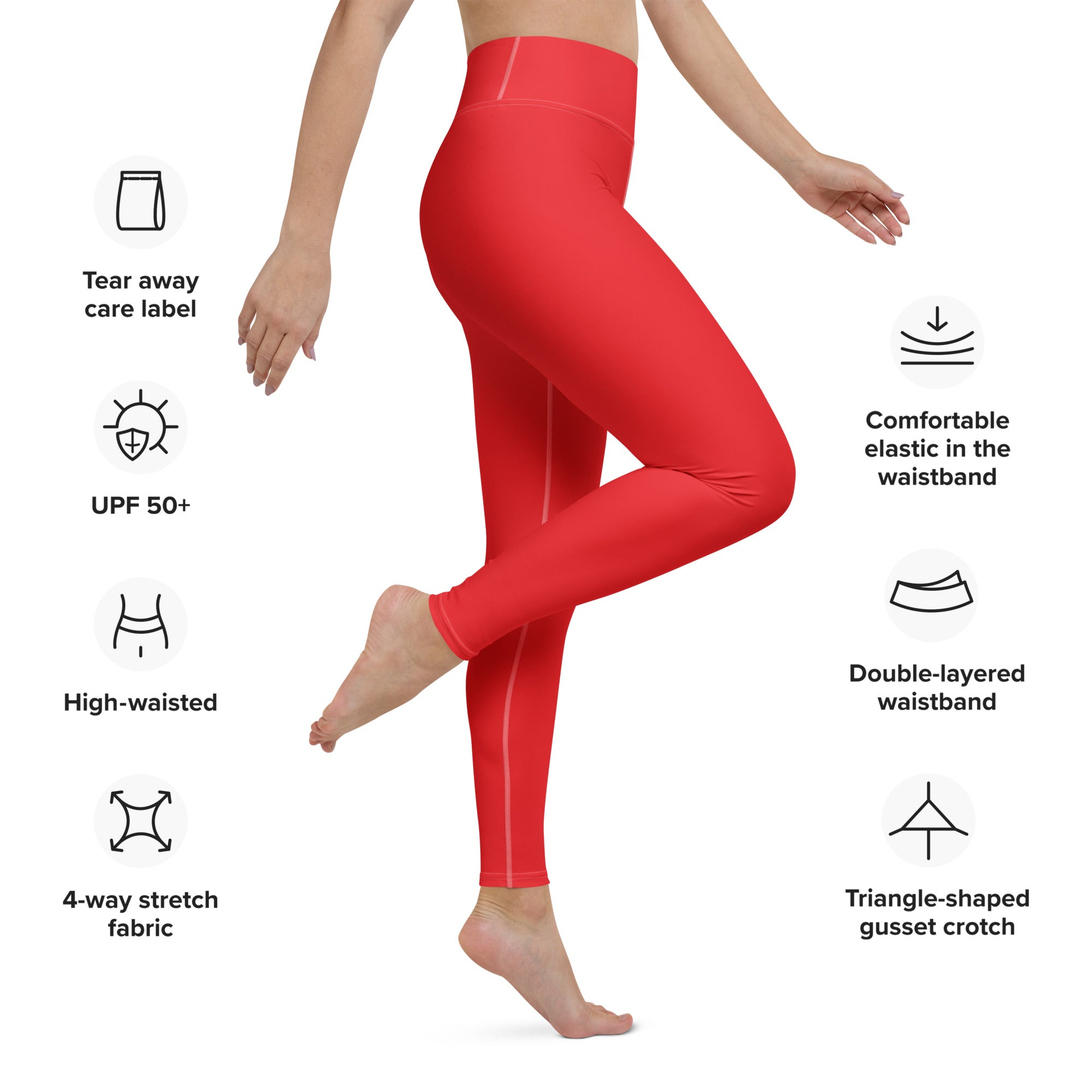 Women’s red buttery soft yoga leggings with high-waisted 4-way stretch fabric and triangle-shaped gusset crotch