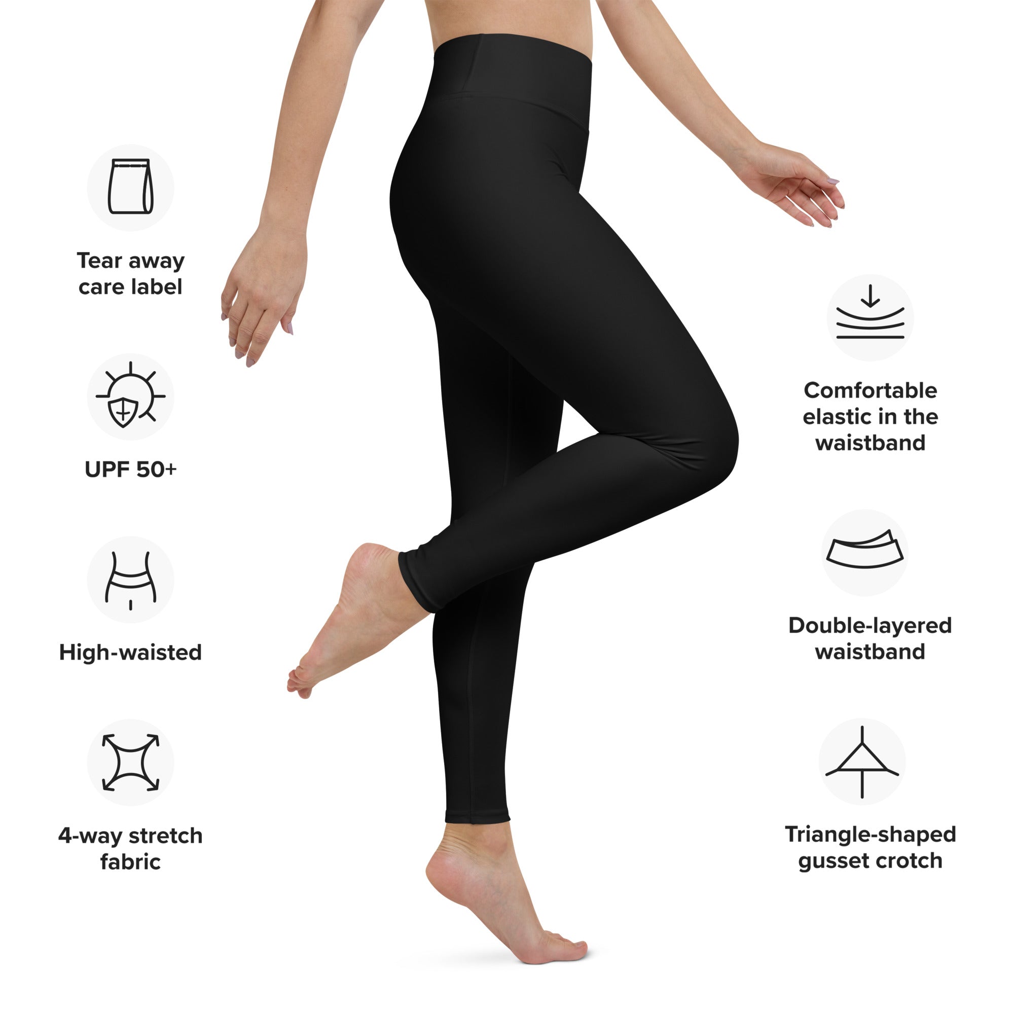 Women’s black buttery soft yoga leggings with high-waisted double-layer waistband and triangle-shaped gusset crotch