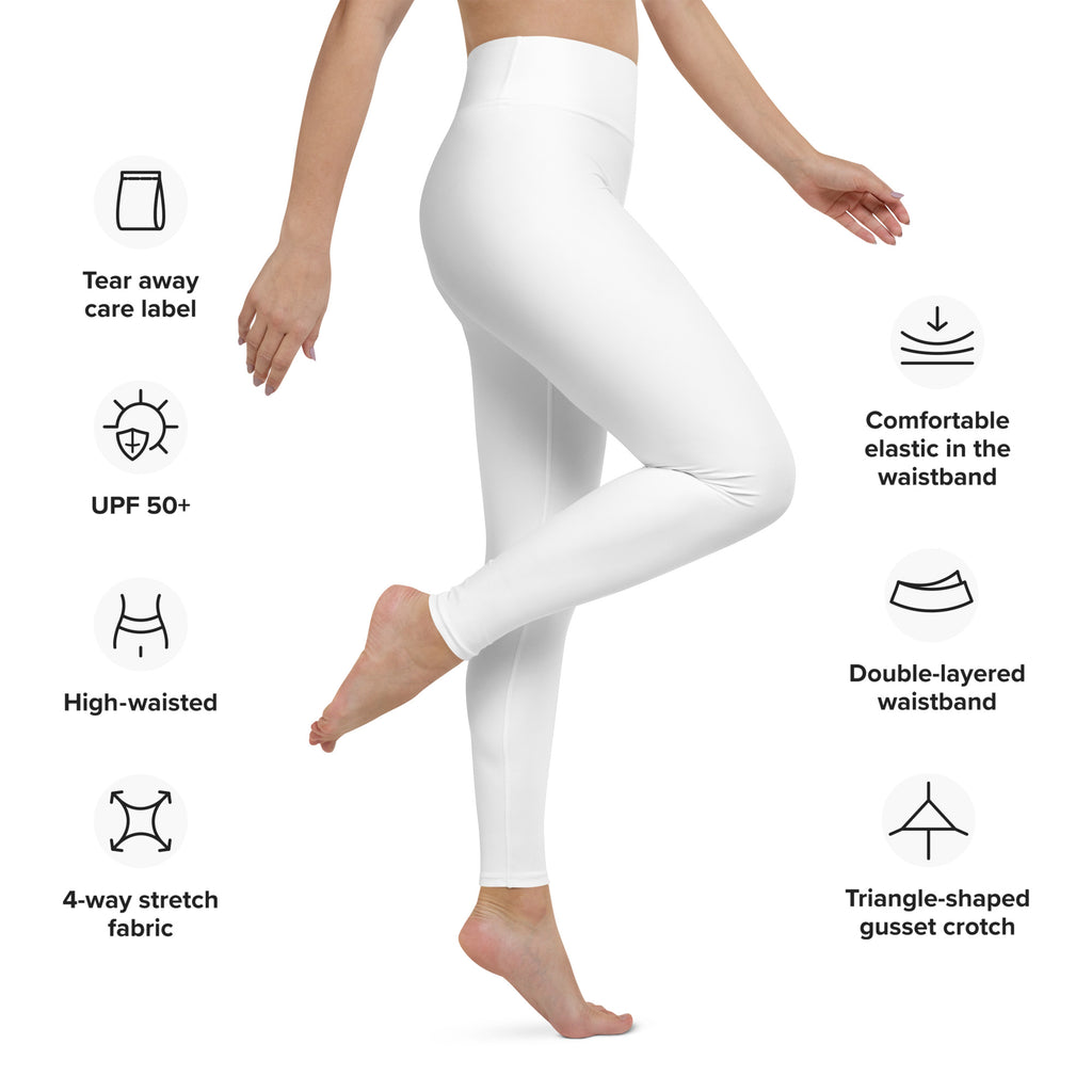 Women’s white buttery soft yoga leggings made of 4-way stretch fabric with high-waisted elastic waistband