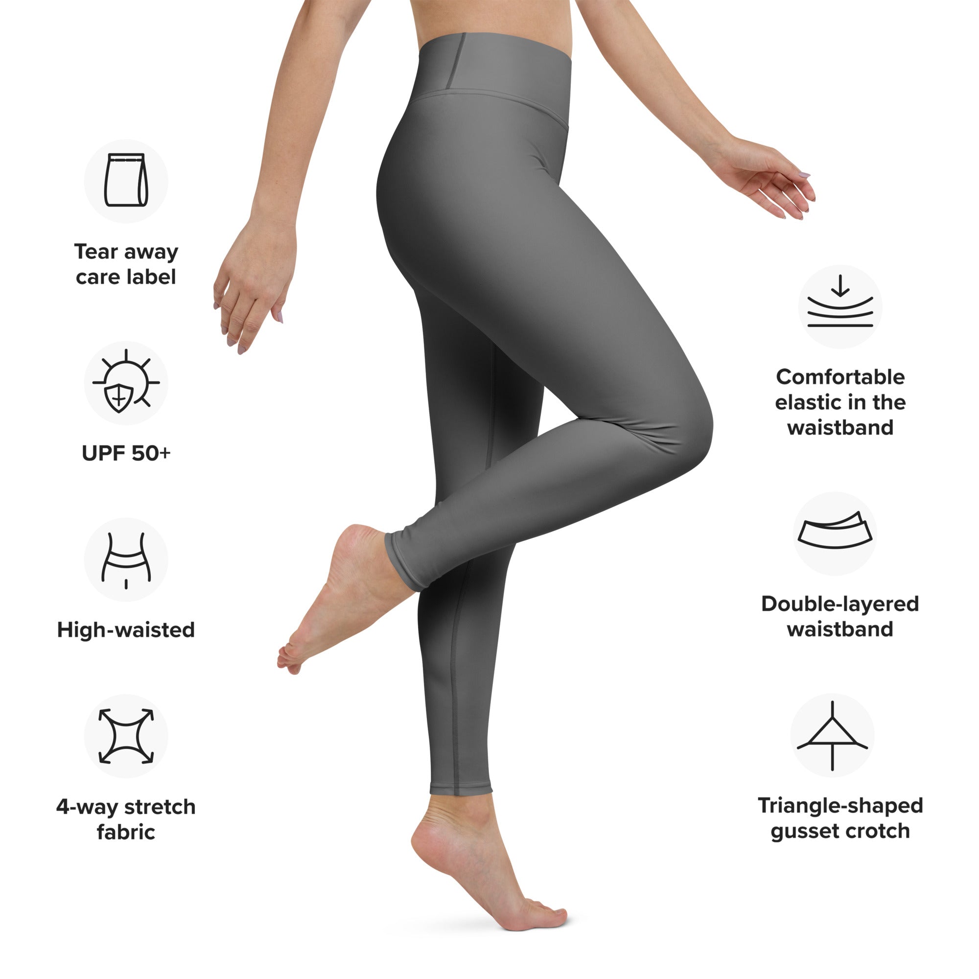 Women’s gray buttery soft yoga leggings with high-waisted 4-way stretch fabric and double-layered waistband