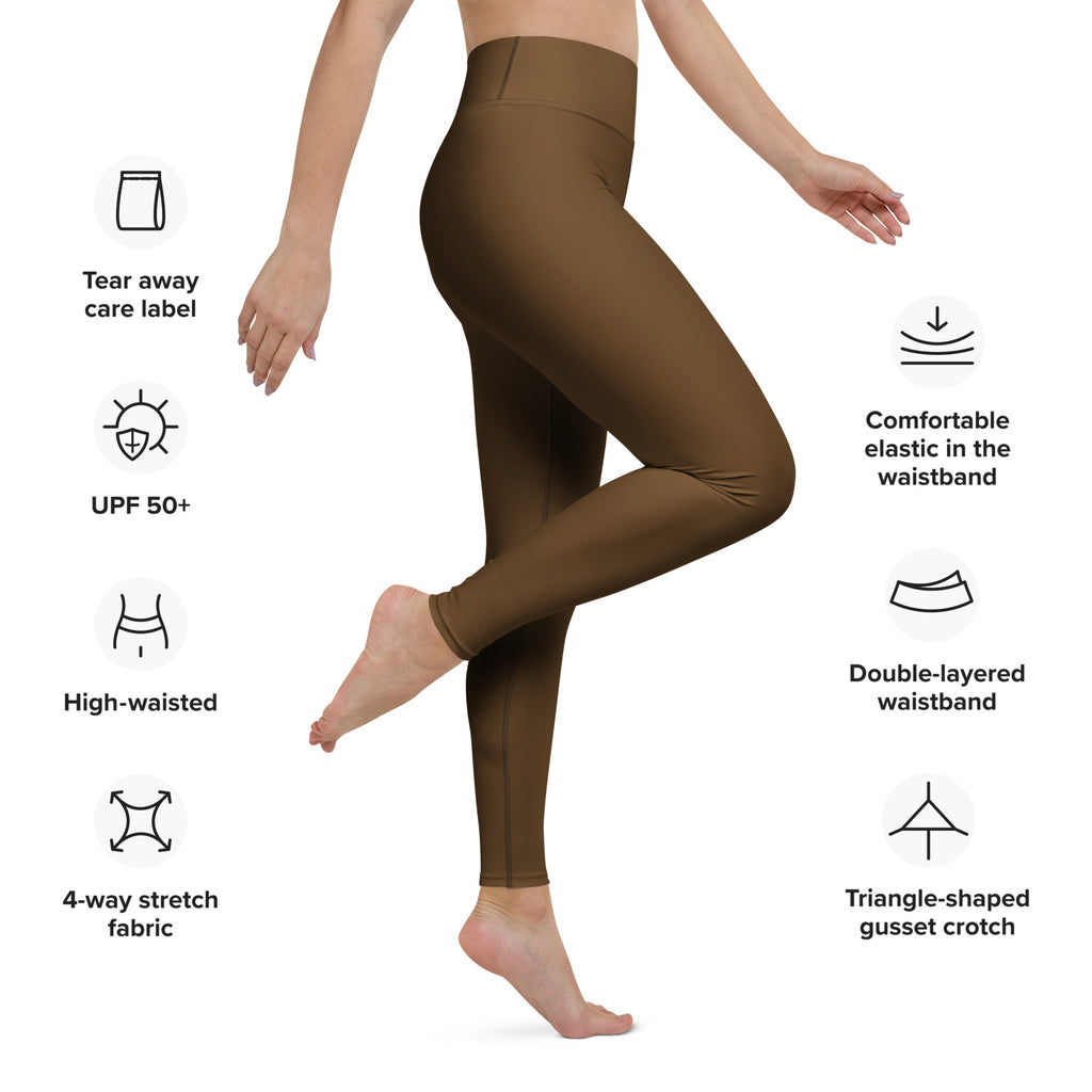 Women’s brown buttery soft yoga leggings with high-waisted 4-way stretch fabric and comfortable elastic waistband