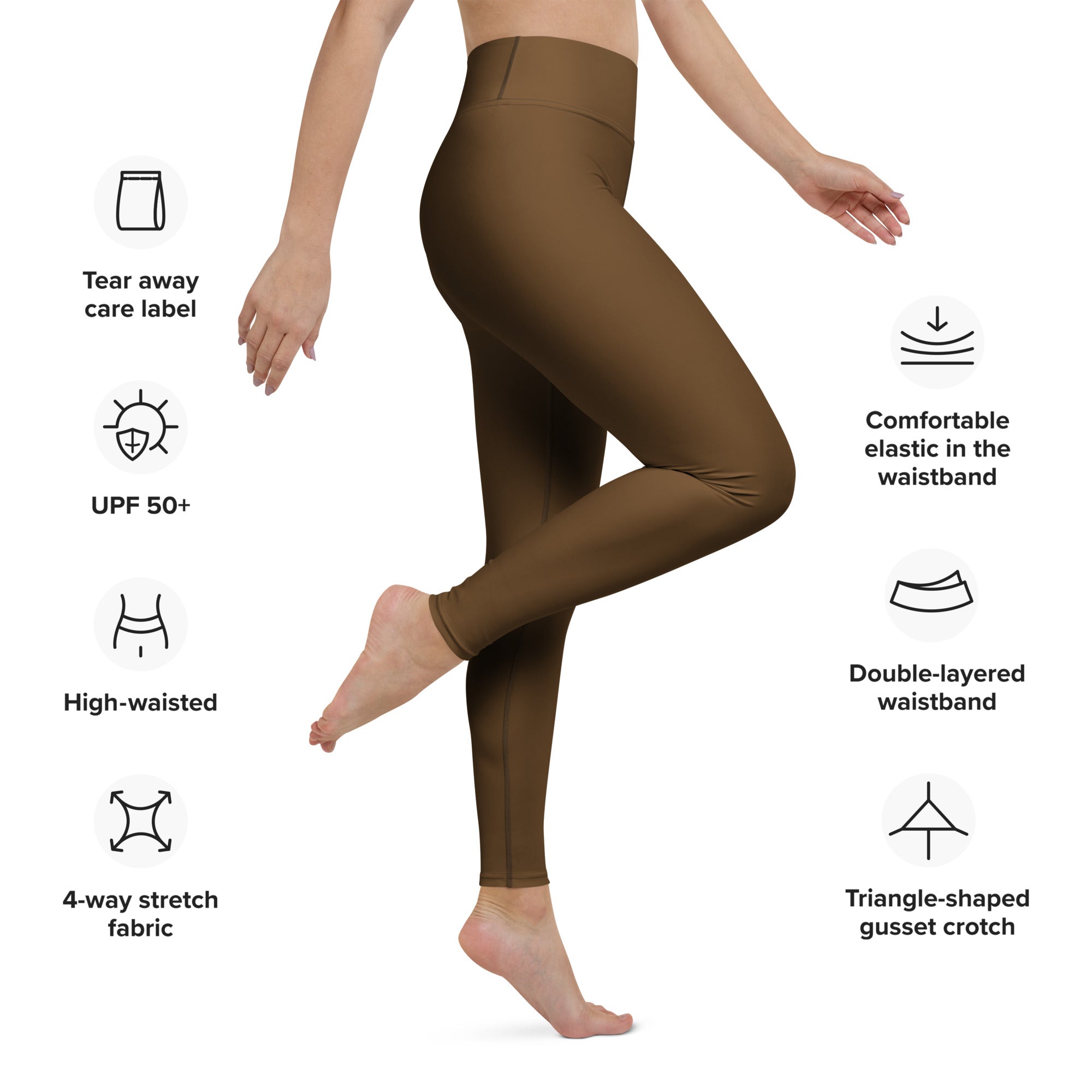 Women’s brown buttery soft yoga leggings with high-waisted 4-way stretch fabric and comfortable elastic waistband