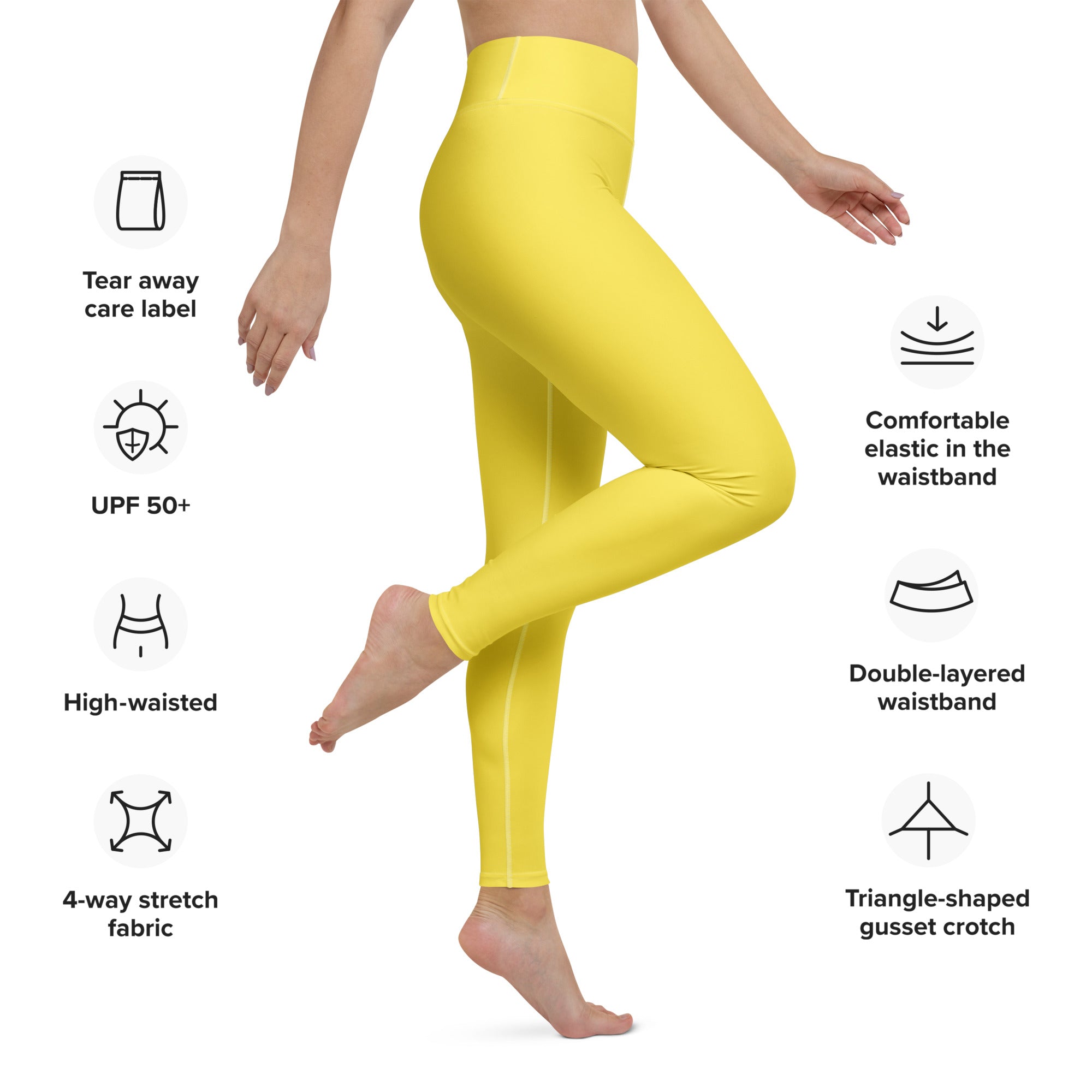 Women’s yellow buttery soft yoga leggings made from bright yellow high-waisted 4-way stretch fabric