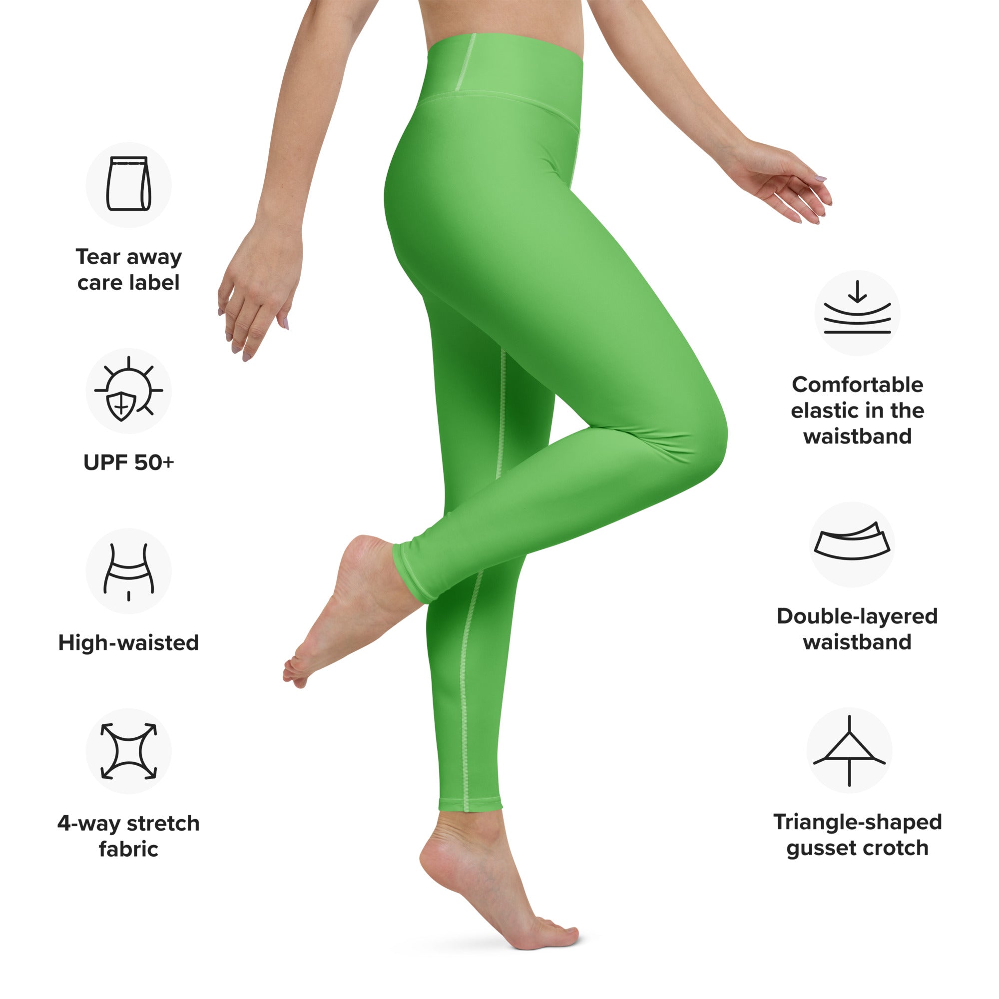 Bright green high waisted women’s yoga leggings made from buttery soft 4 way stretch fabric with double layered waistband