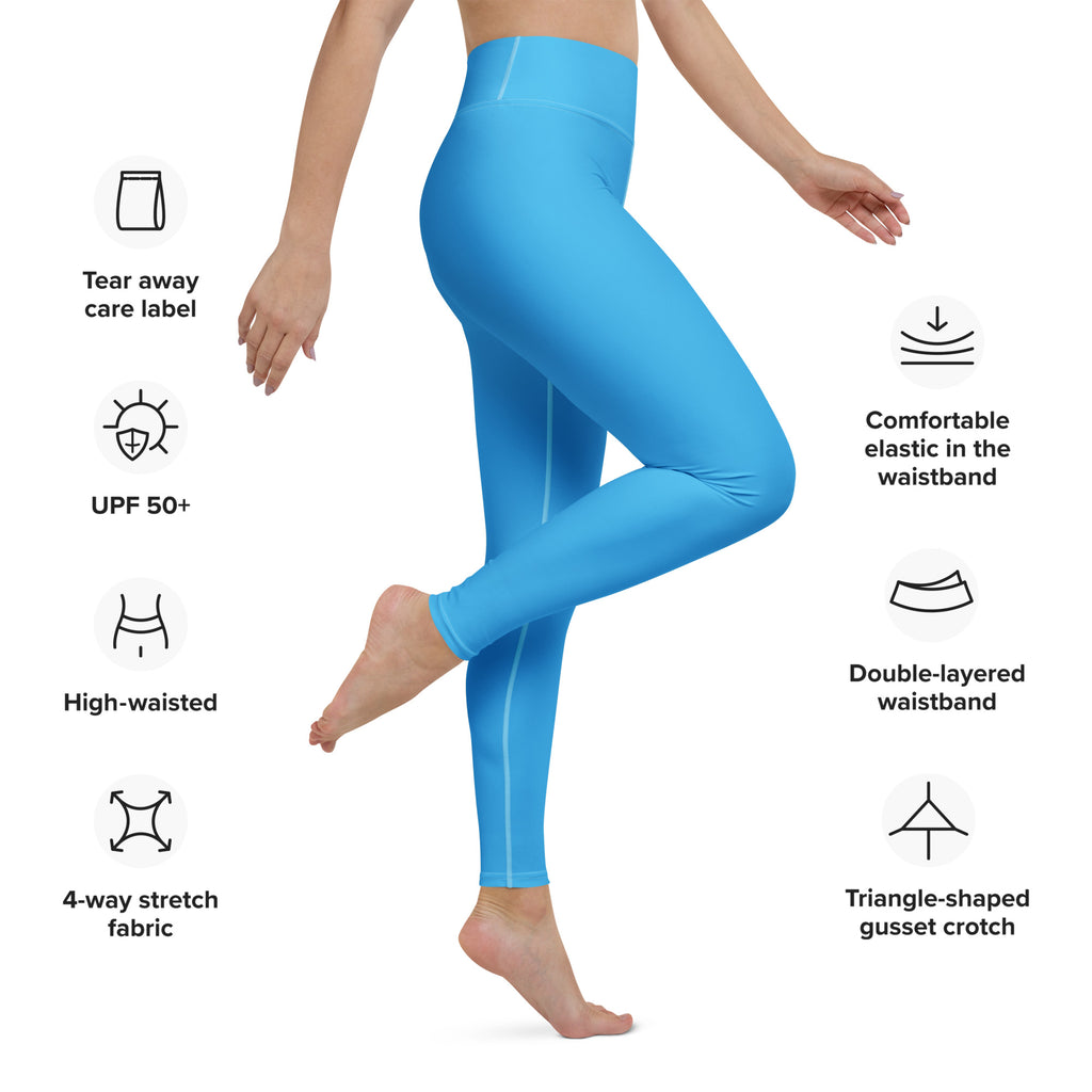 Women’s sky blue buttery soft yoga leggings with bright blue high-waisted 4-way stretch fabric and elastic waistband