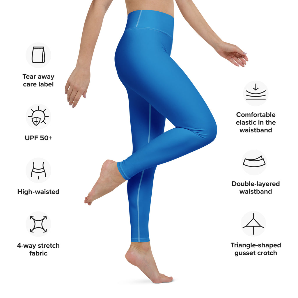 Bright blue high-waisted womens yoga leggings made from 4-way stretch buttery soft fabric with elastic waistband
