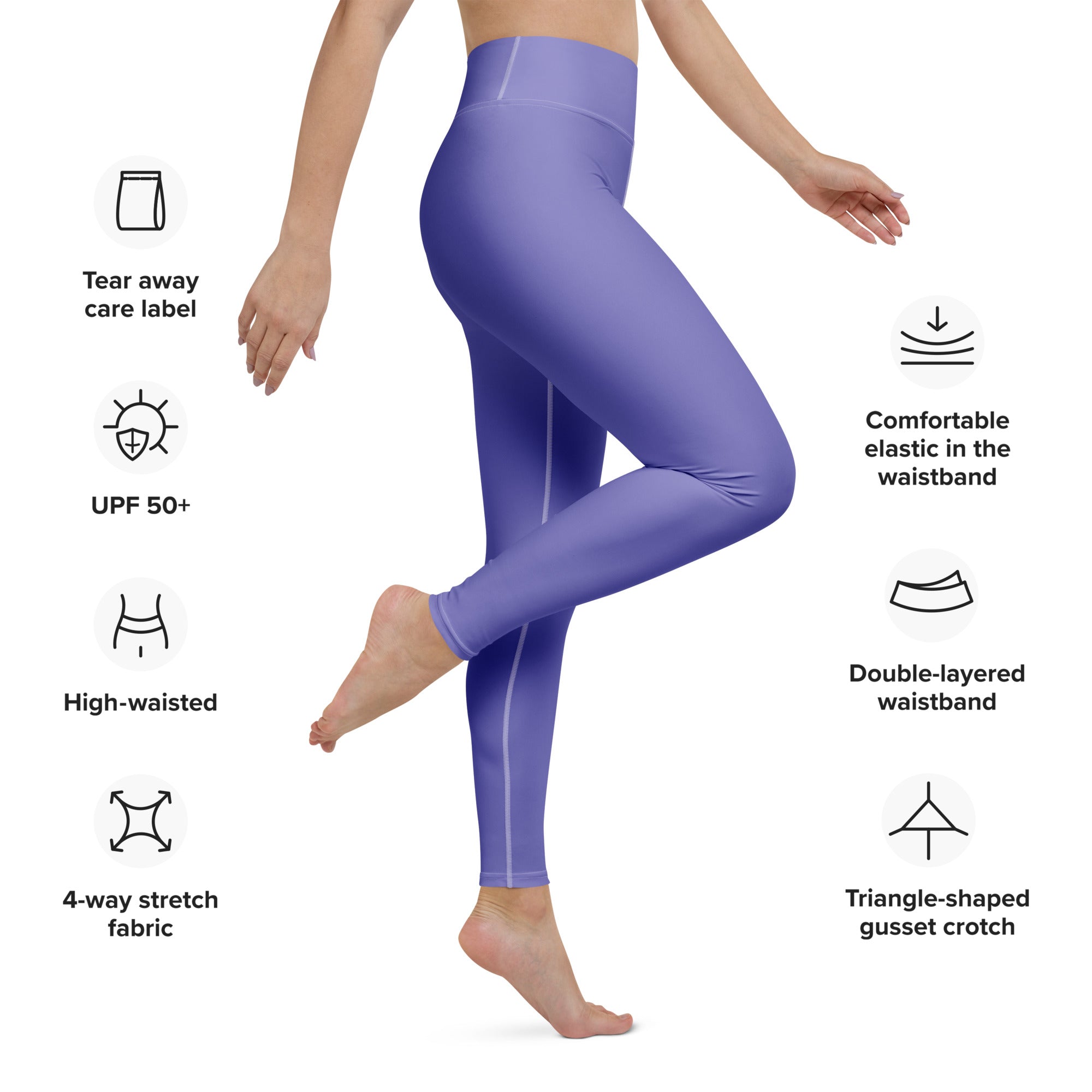 Women’s purple buttery soft yoga leggings with high-waisted fit white side seam and 4-way stretch fabric