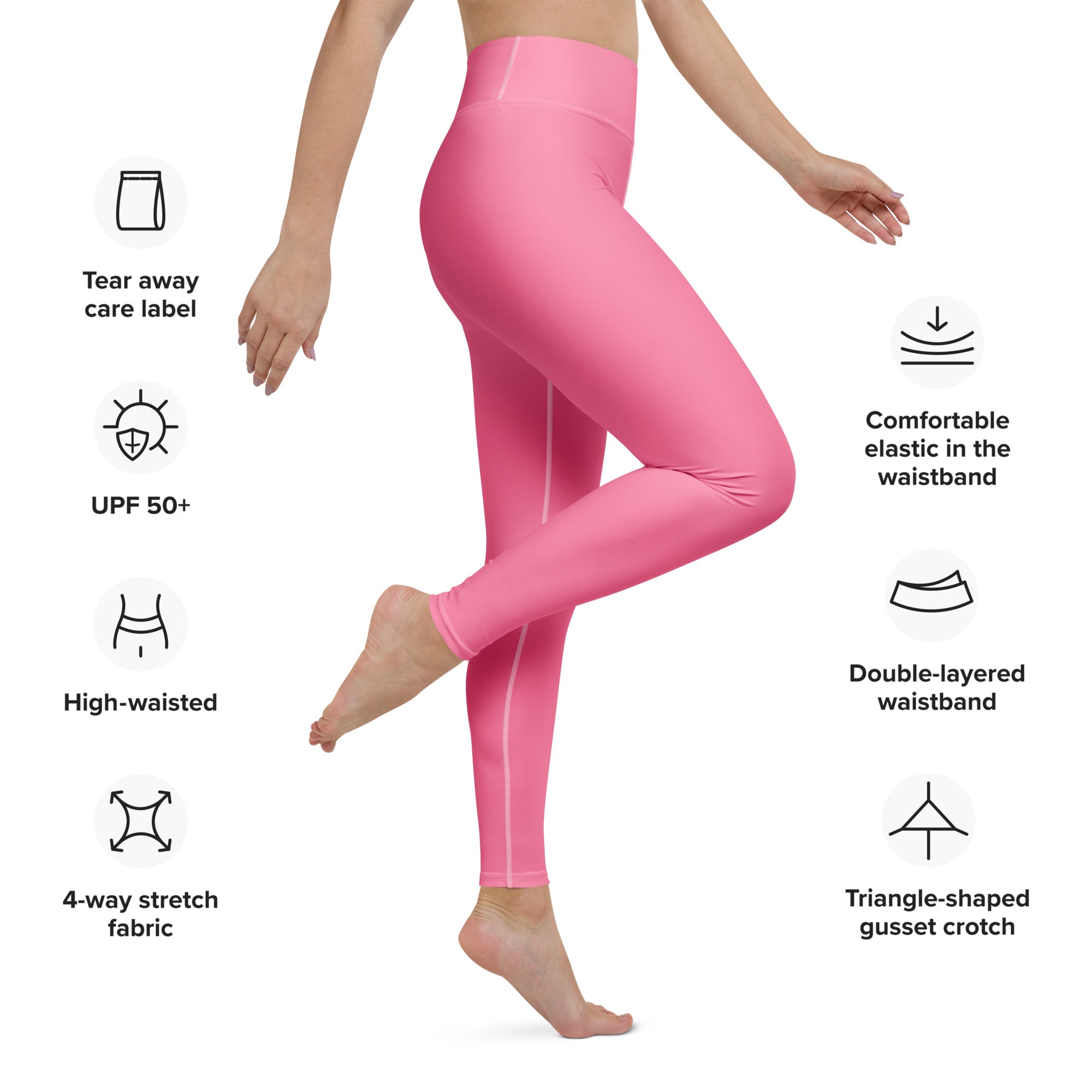 Women pink buttery soft yoga leggings with high waist, 4-way stretch fabric, double-layer waistband, and gusset crotch