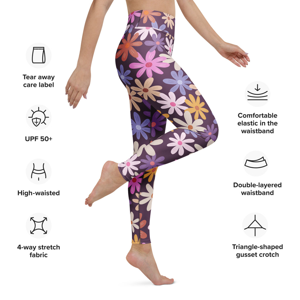 Women’s purple retro flower high-waisted leggings with buttery soft 4-way stretch fabric for yoga and workouts