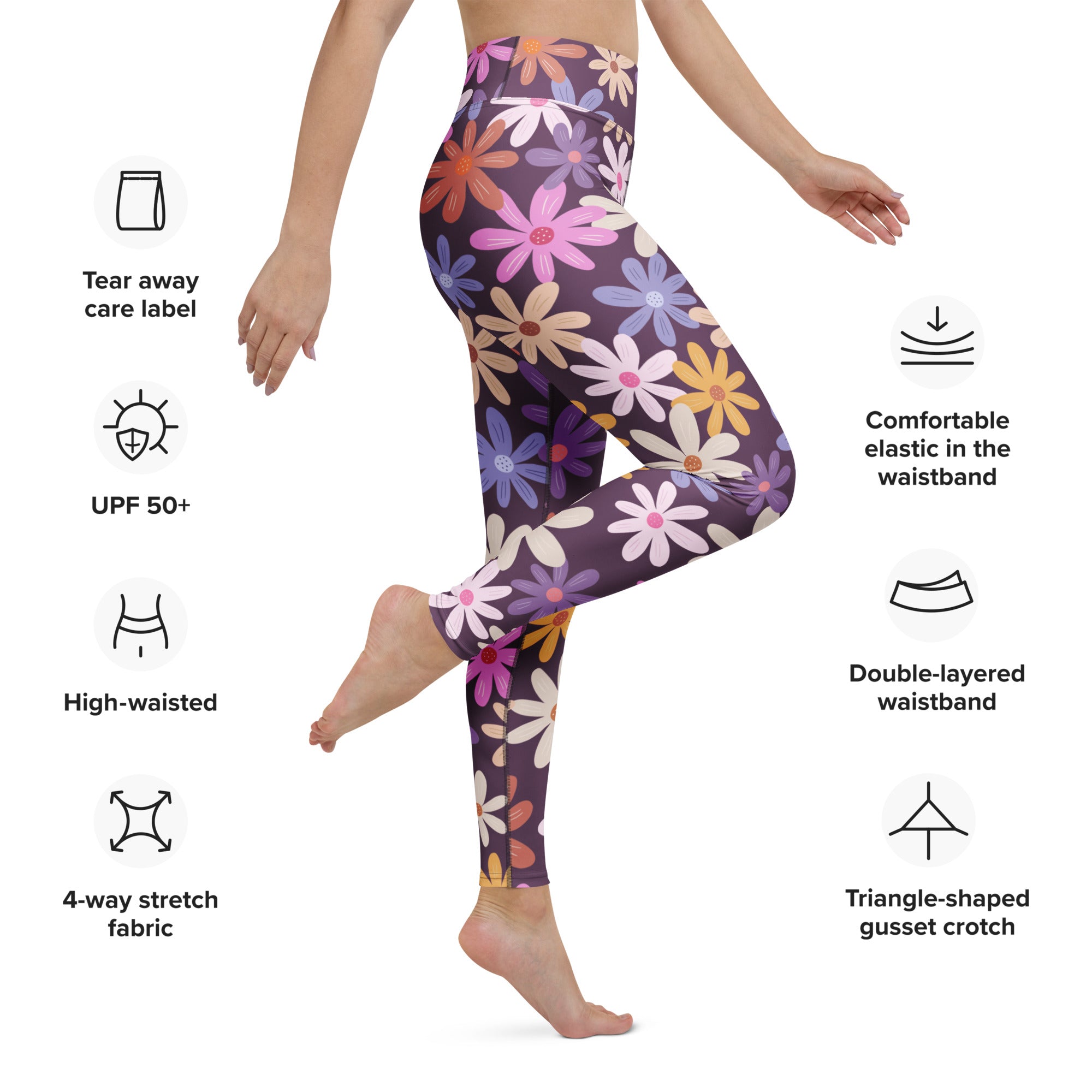 Women’s purple retro flower high-waisted leggings with buttery soft 4-way stretch fabric for yoga and workouts