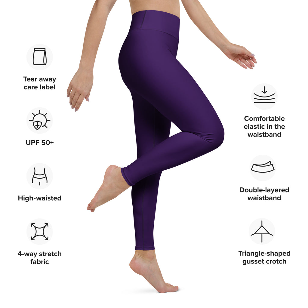 Women’s dark purple buttery soft yoga leggings with 4-way stretch fabric double-layered waistband and triangle gusset crotch
