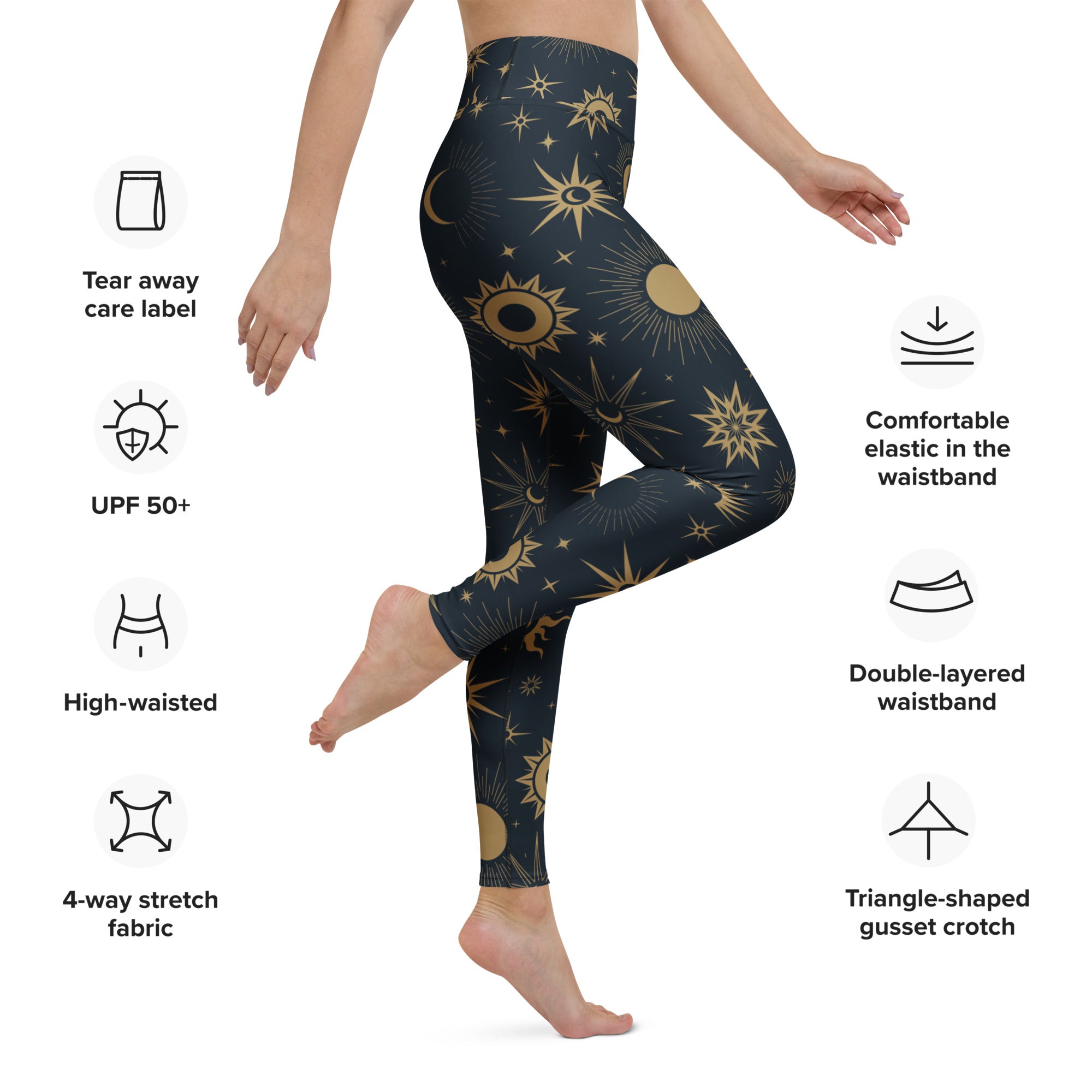 Dark blue high waisted buttery soft yoga leggings with gold suns moons and stars celestial pattern for women
