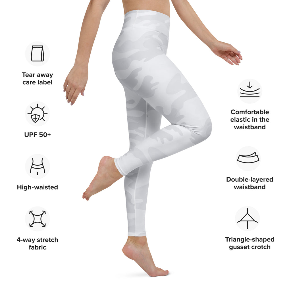 White leggings with features listed on a white background