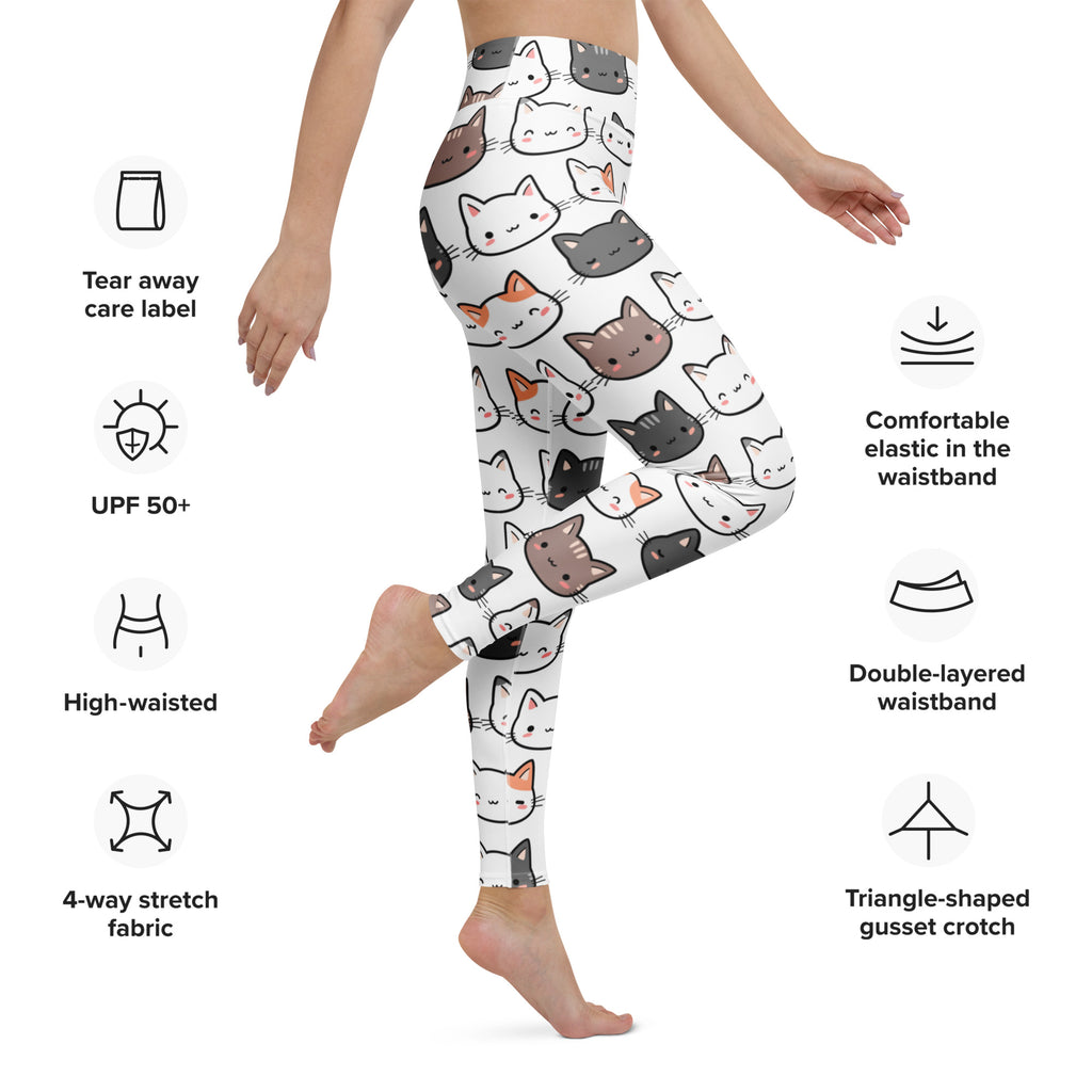 White women’s buttery soft yoga leggings with playful multicolor cartoon cat pattern for casual wear