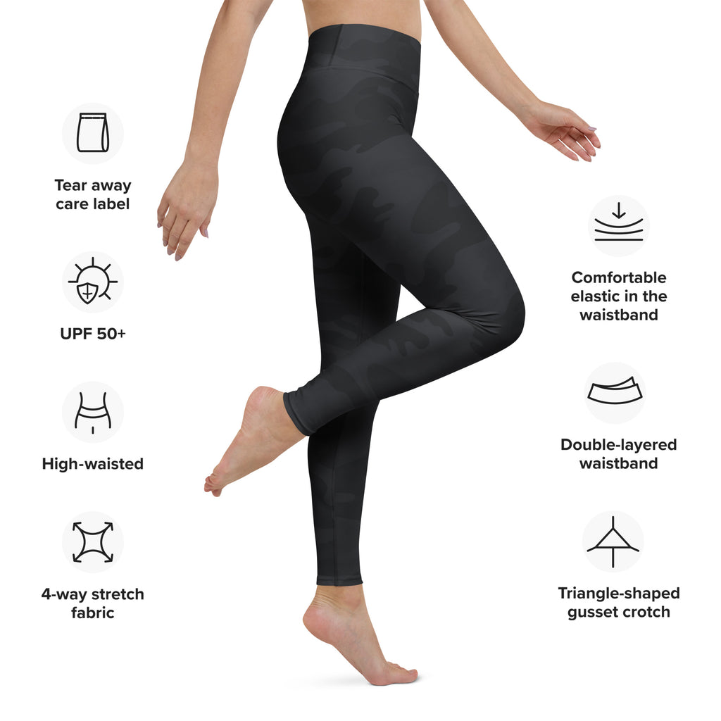 Women’s black camouflage buttery soft yoga leggings made of 4-way stretch fabric with elastic waistband