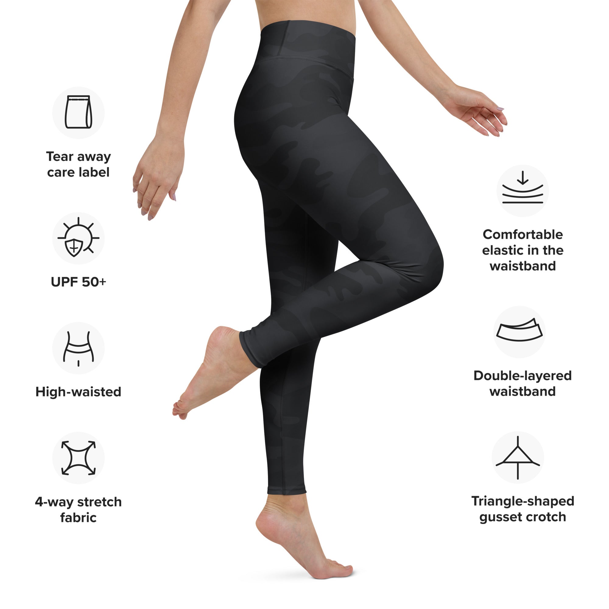 Women’s black camouflage buttery soft yoga leggings made of 4-way stretch fabric with elastic waistband
