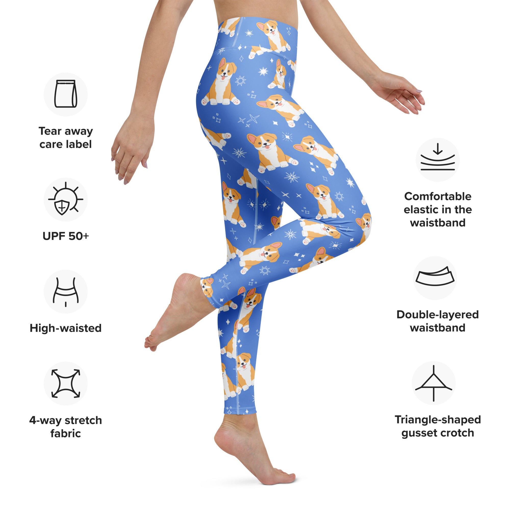 Leggings with dog pattern on a white background with feature icons.