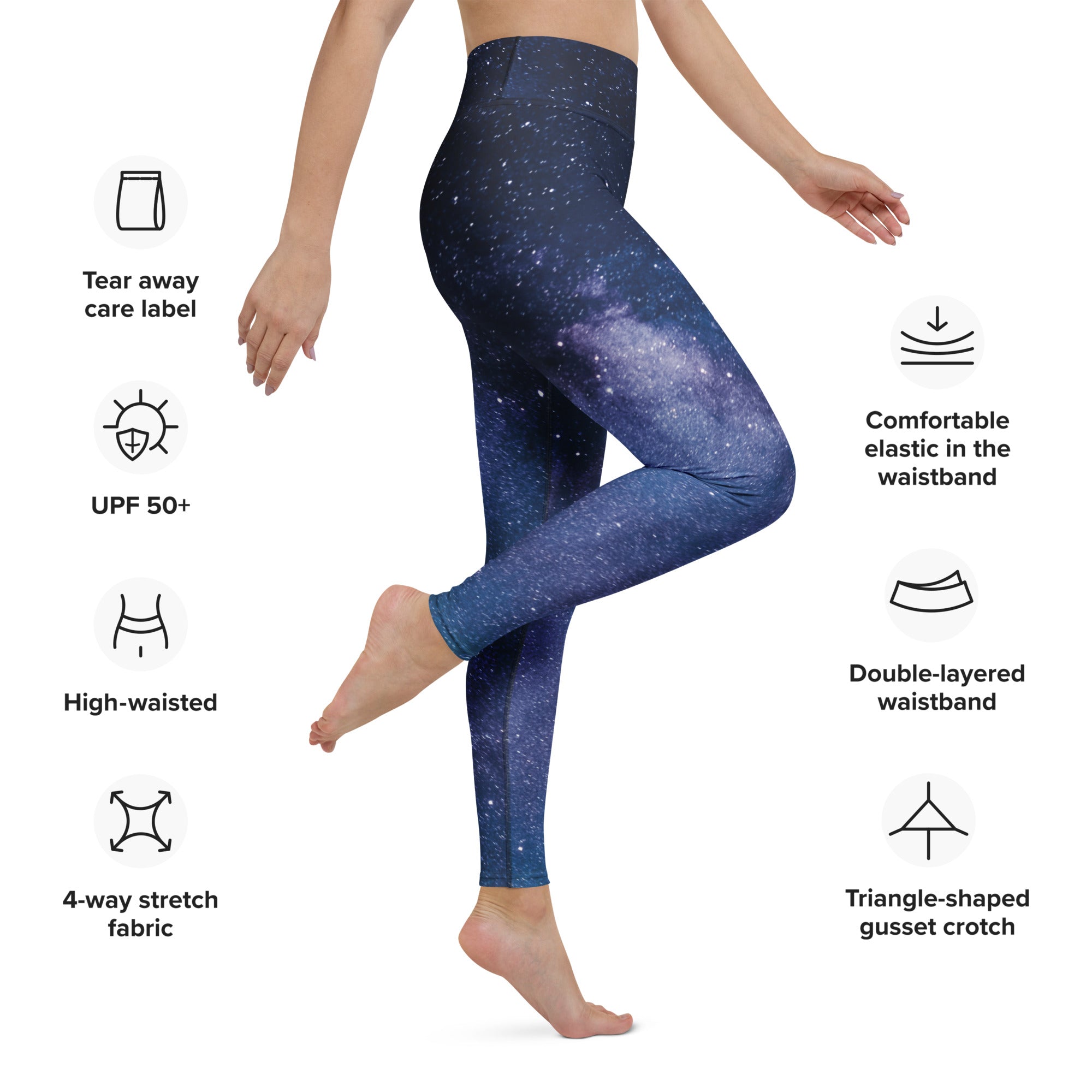 Dark blue galaxy high-waisted women’s yoga leggings with stretchy 4-way buttery soft fabric design
