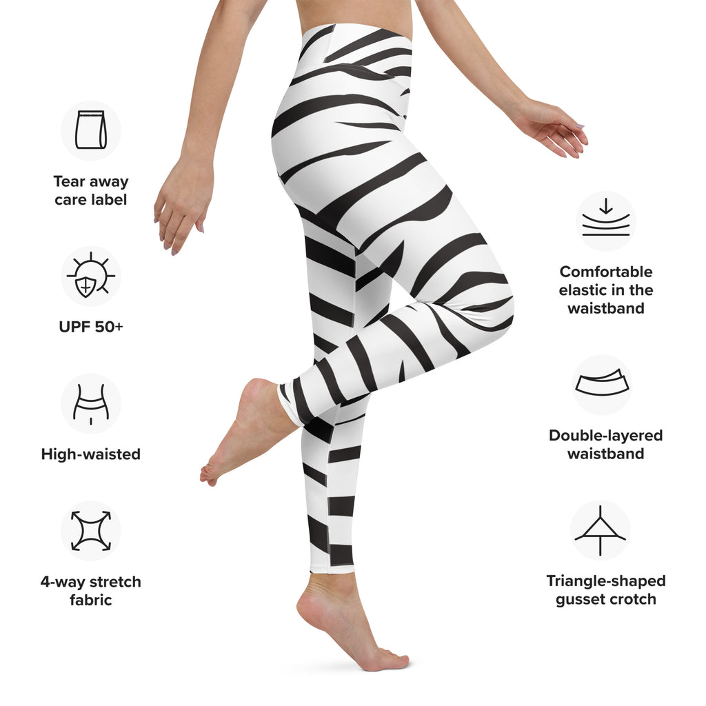 High-waisted women’s zebra print leggings in black and white made from buttery soft 4-way stretch fabric