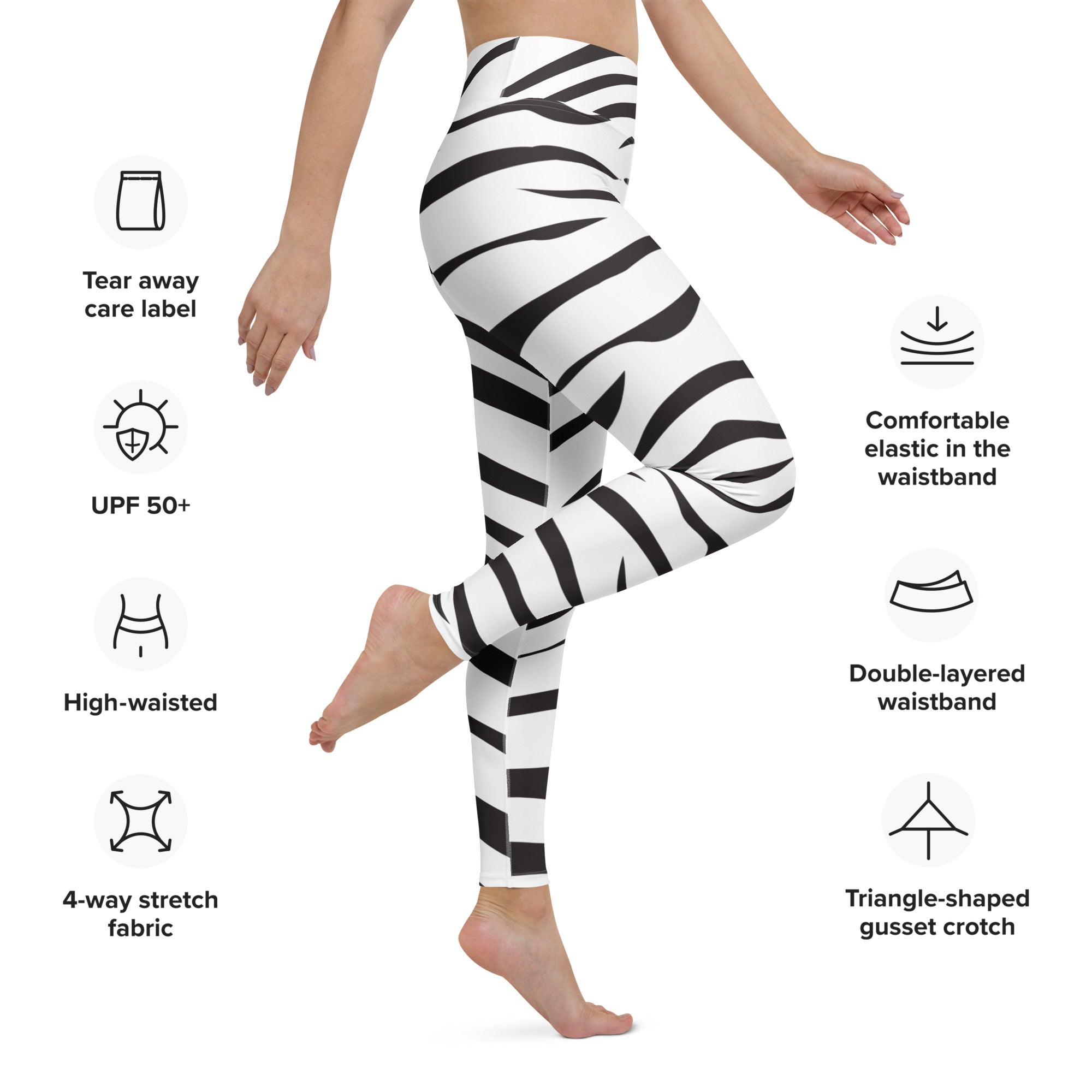 High-waisted women’s zebra print leggings in black and white made from buttery soft 4-way stretch fabric