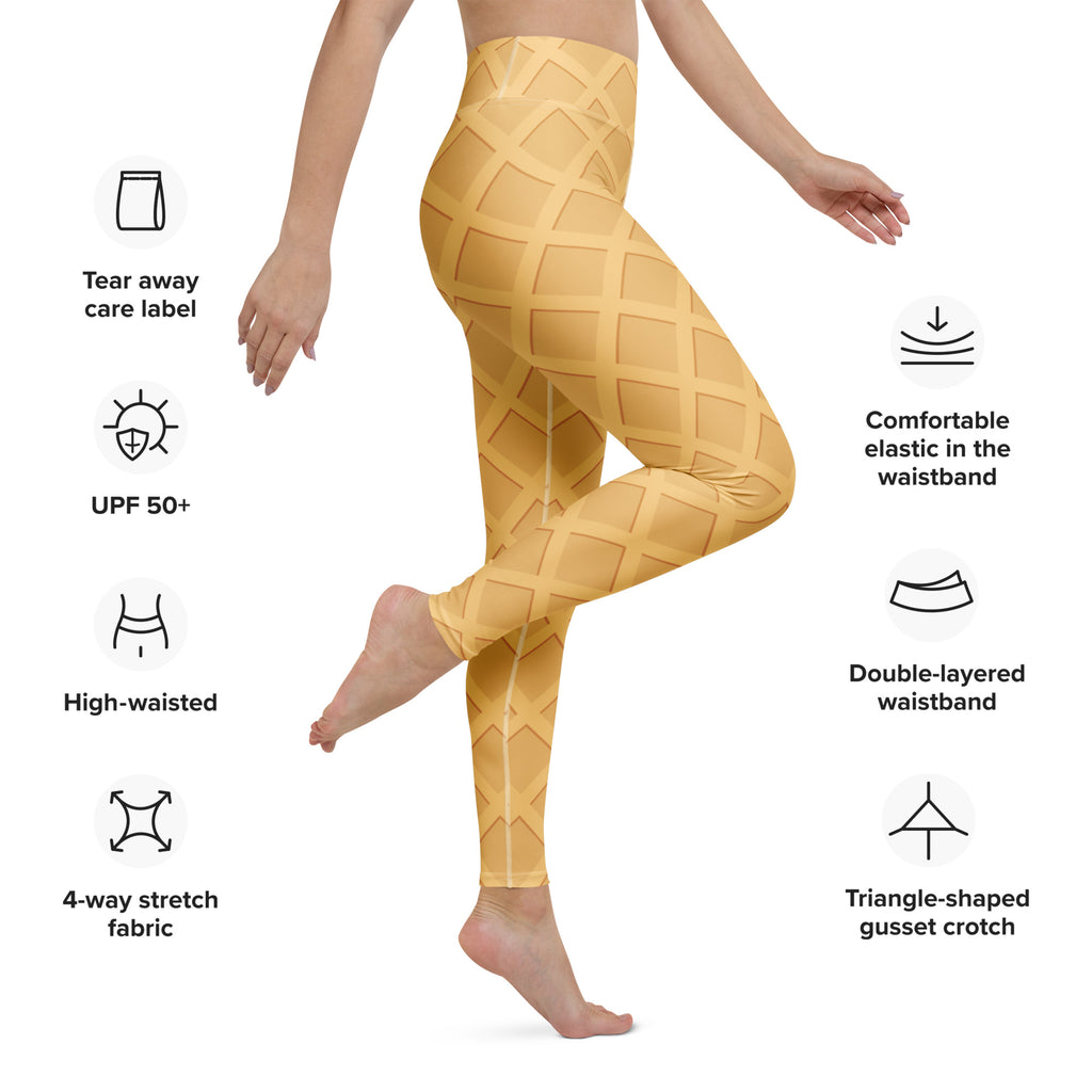Golden waffle-patterned high-waisted women’s yoga leggings made from buttery soft 4-way stretch fabric