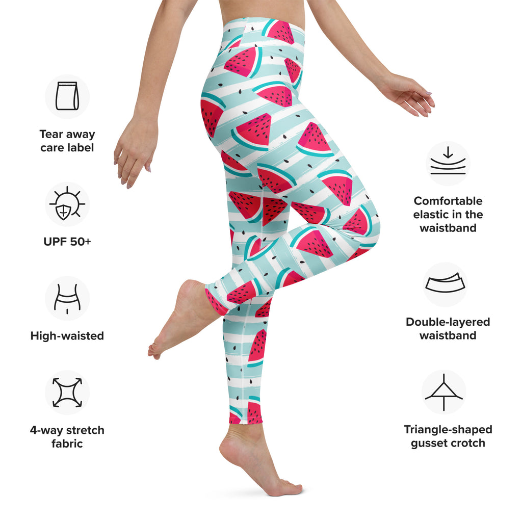 Women’s watermelon print buttery soft yoga leggings in mint green and pink with 4-way stretch fabric design