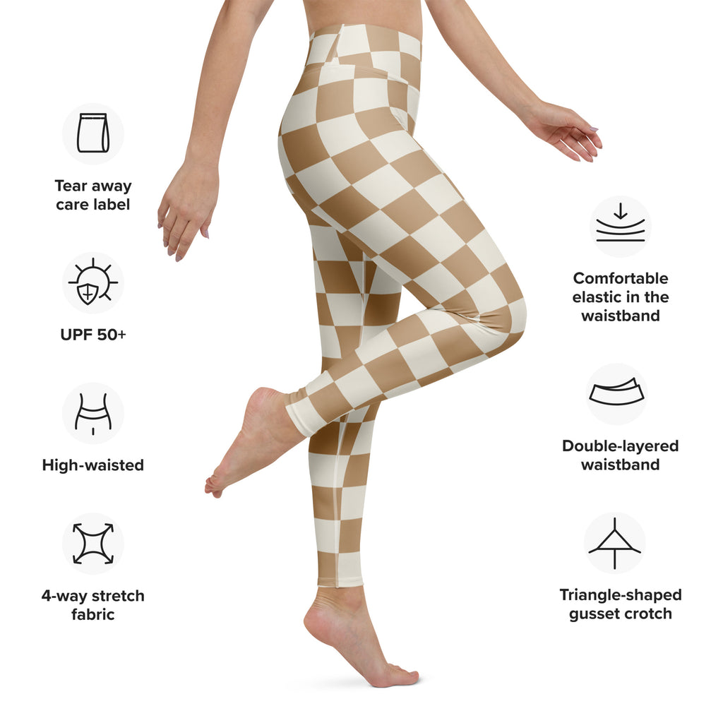 Cream and white checkered high-waisted women’s yoga leggings made of buttery soft 4-way stretch fabric