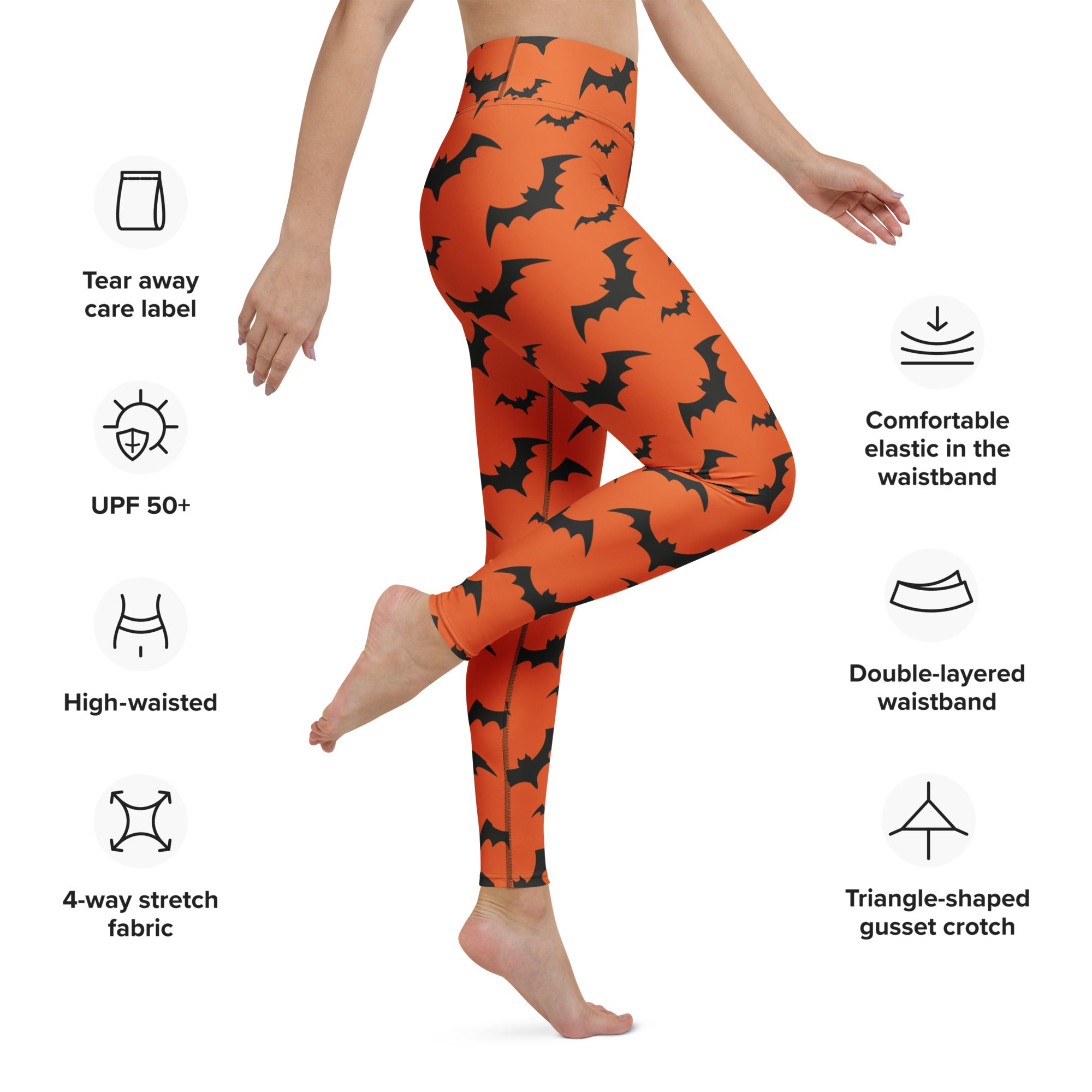 Women’s orange yoga leggings with black bat patterns perfect for halloween workouts and casual wear