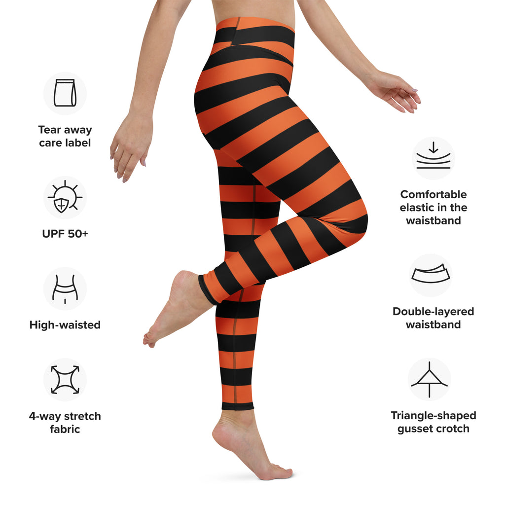 Women’s orange and black striped high-waisted yoga leggings made of buttery soft 4-way stretch fabric