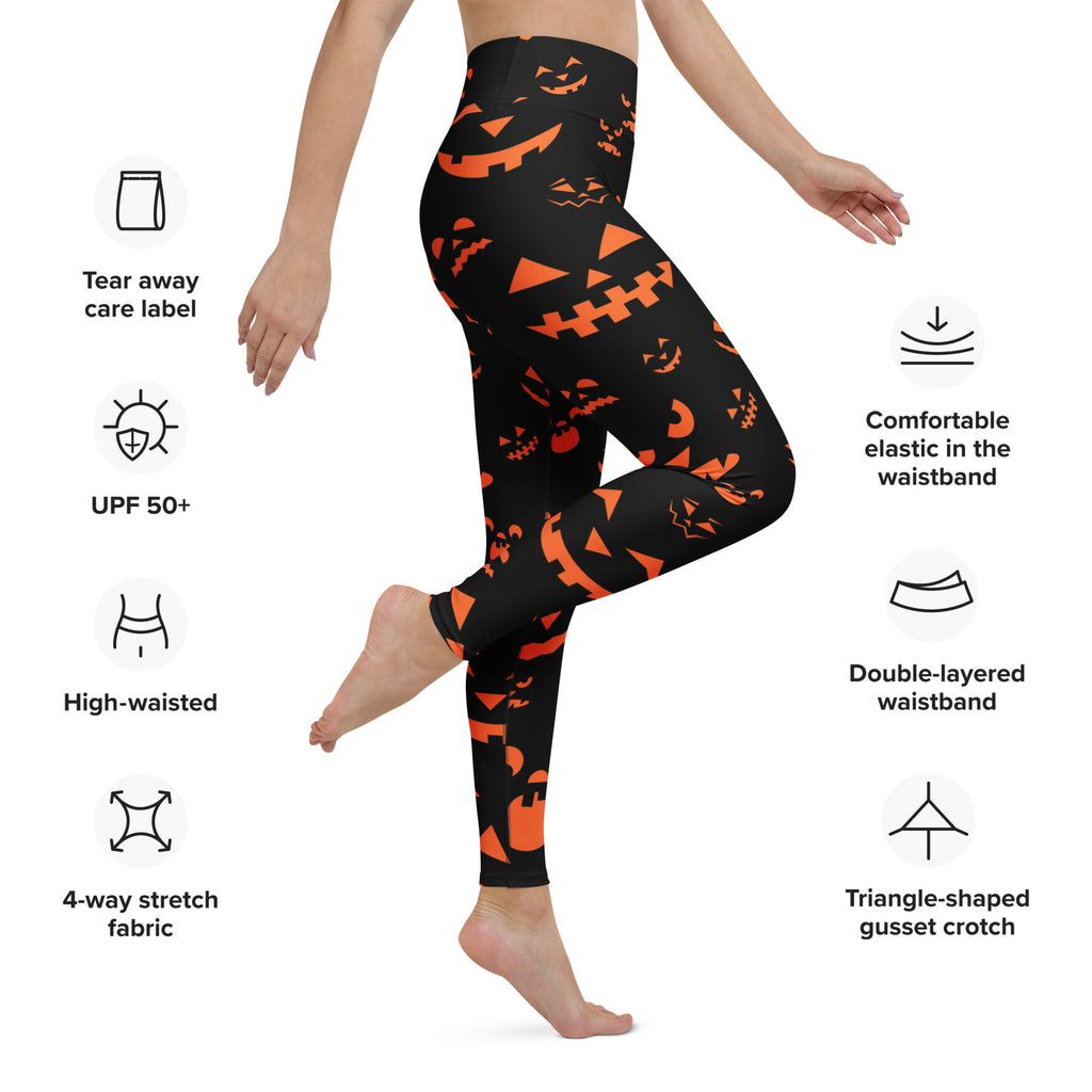 Women’s orange jack-o-lantern faces halloween high-waisted buttery soft yoga leggings with playful pumpkin print