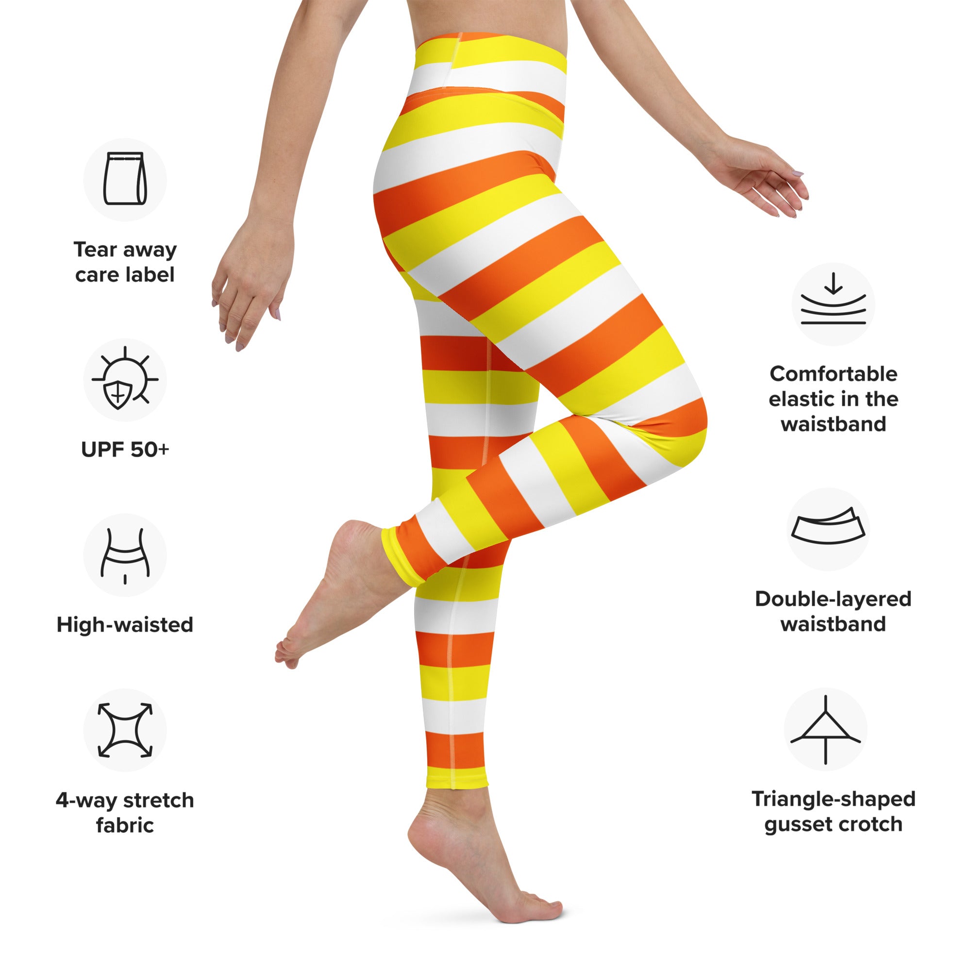 Women’s candy corn striped high-waisted leggings made from buttery soft 4-way stretch fabric for yoga