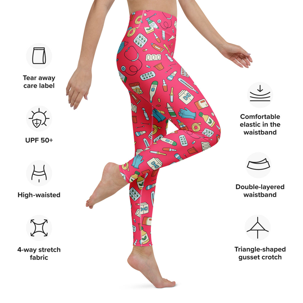 Bright pink high waisted buttery soft yoga leggings with playful nurse themed stethoscopes syringes and pills pattern