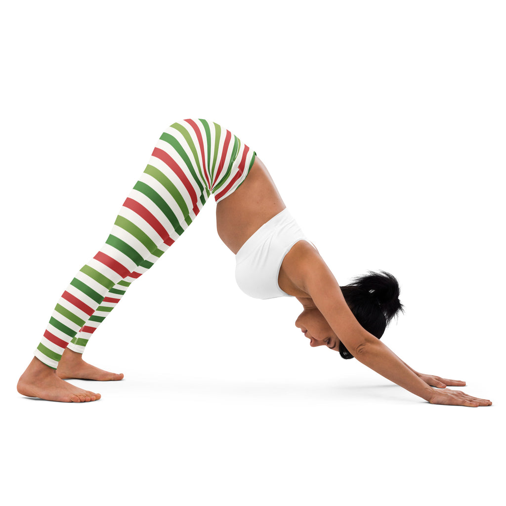 Women’s striped christmas buttery soft yoga leggings with red green striped white base for festive workouts