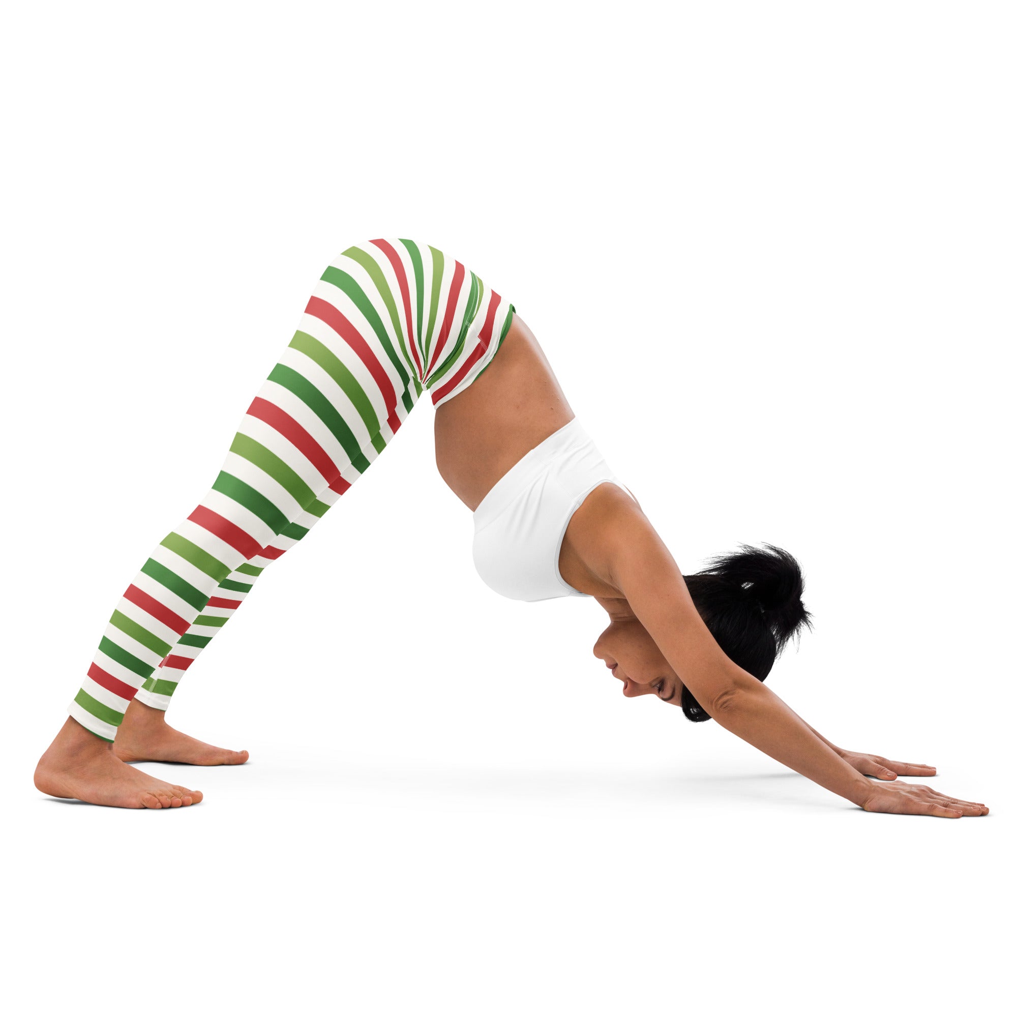 Women’s striped christmas buttery soft yoga leggings with red green striped white base for festive workouts