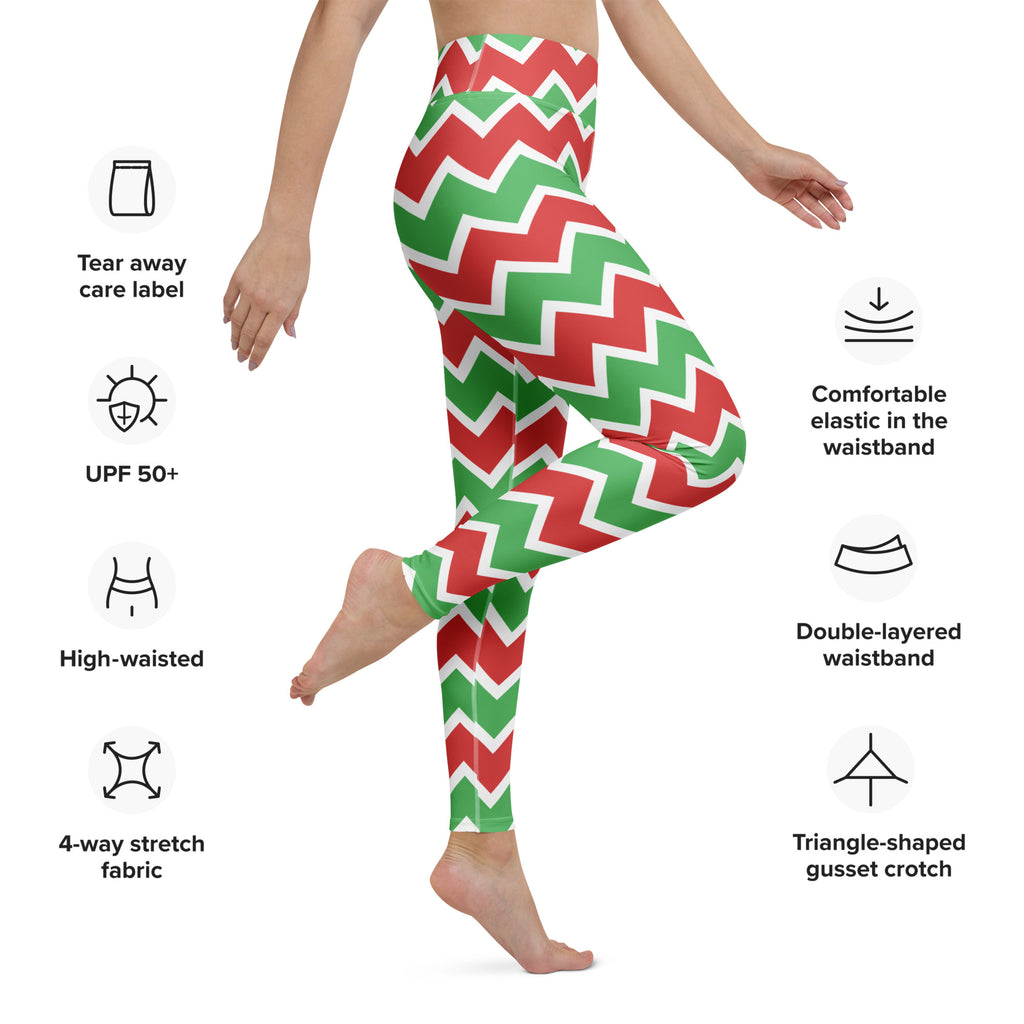 Women’s chevron christmas buttery soft yoga leggings in red and green with high waist and 4-way stretch fabric