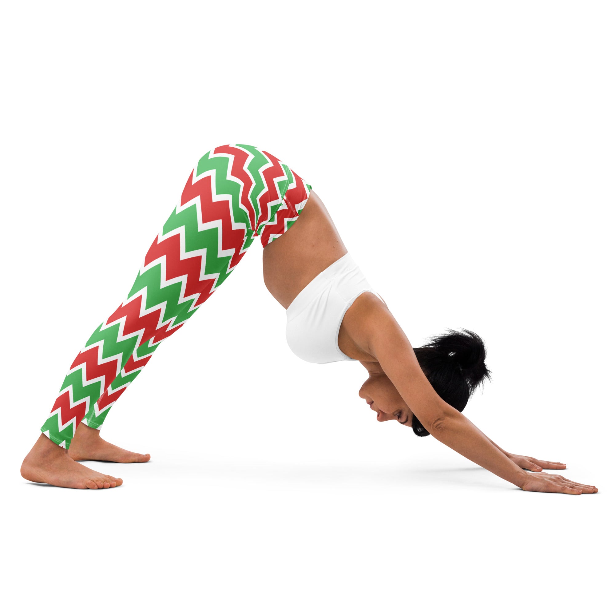 Women’s buttery soft yoga leggings with red and green chevron pattern perfect for christmas workouts