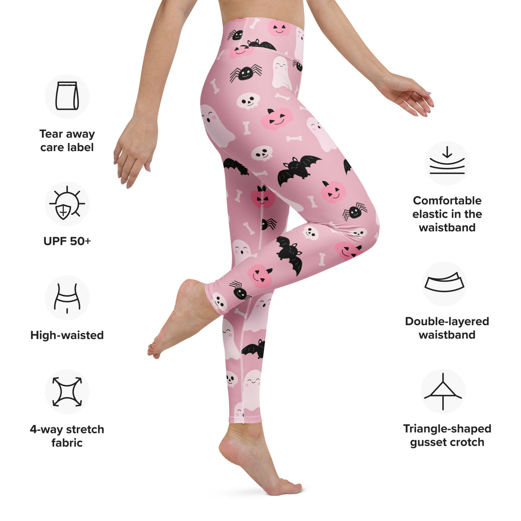 Women’s cute ghost and bats pink high-waisted buttery soft yoga leggings with black halloween prints on stretchy fabric