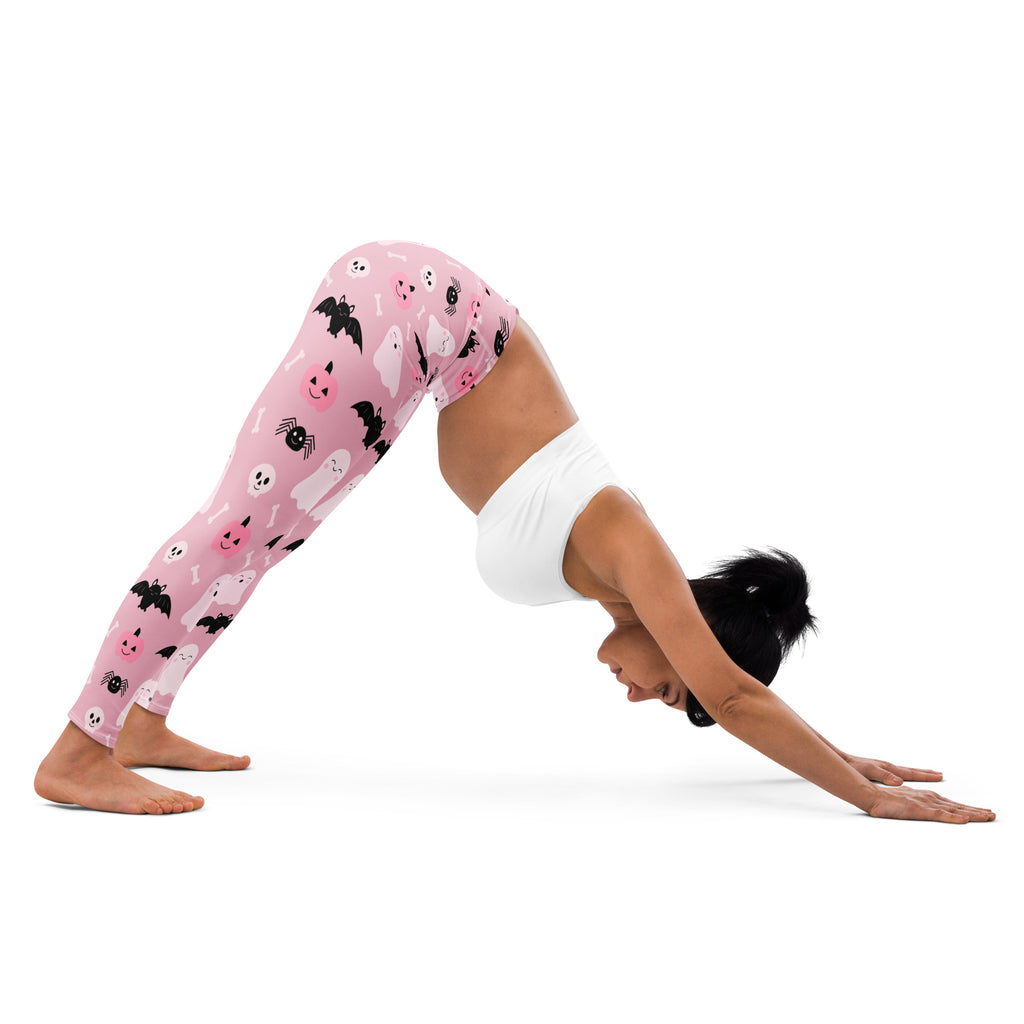 Women’s cute ghost and bats pink halloween buttery soft yoga leggings with playful black bats white ghosts and skulls pattern