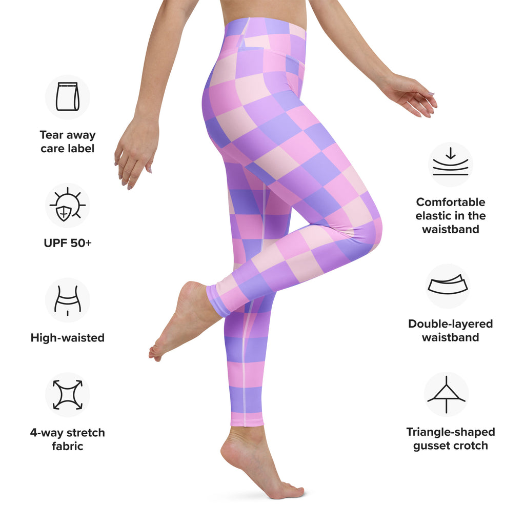 Women’s purple checkerboard high-waisted yoga leggings made of buttery soft 4-way stretch fabric