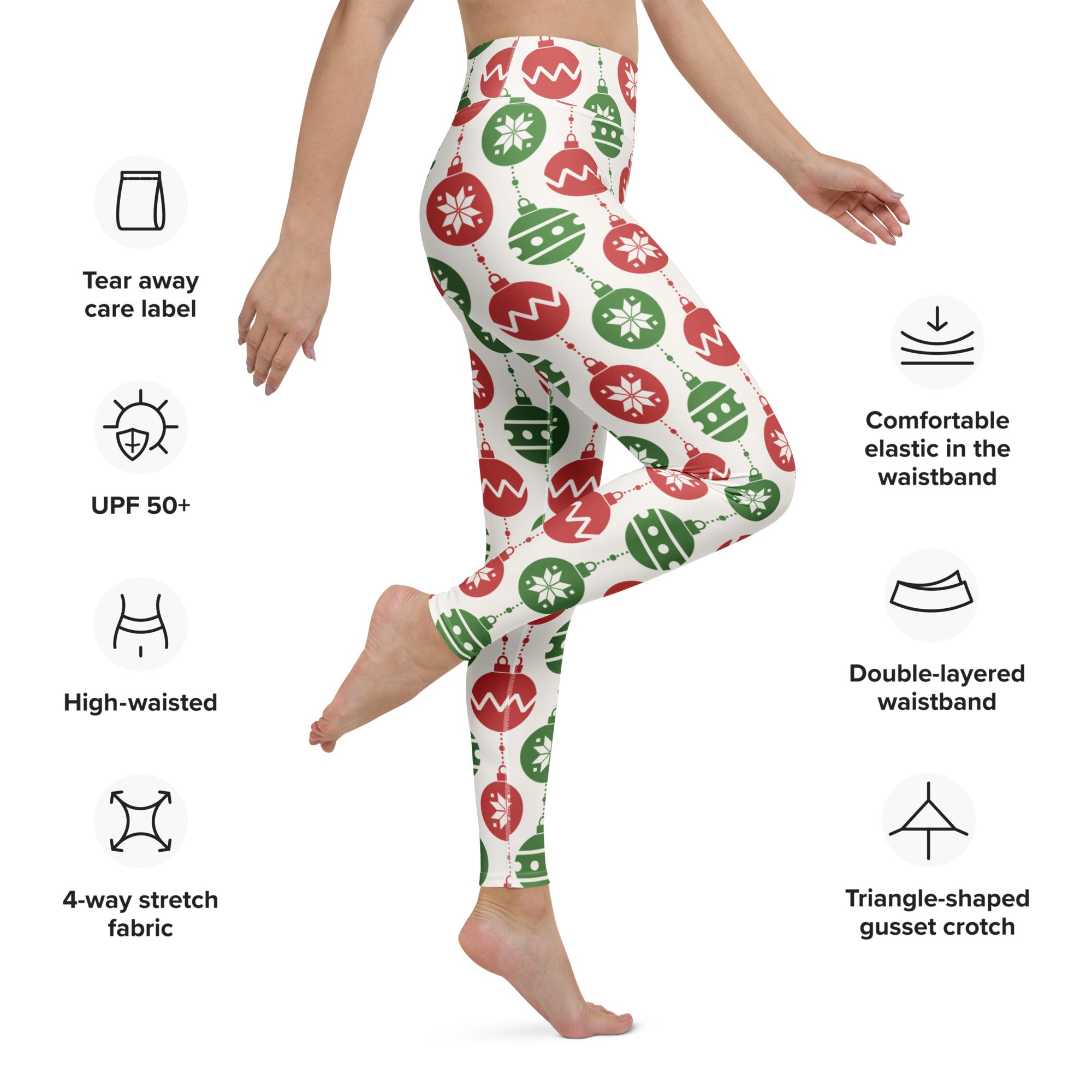 White buttery soft women’s yoga leggings with festive red and green christmas ornament and snowflake pattern