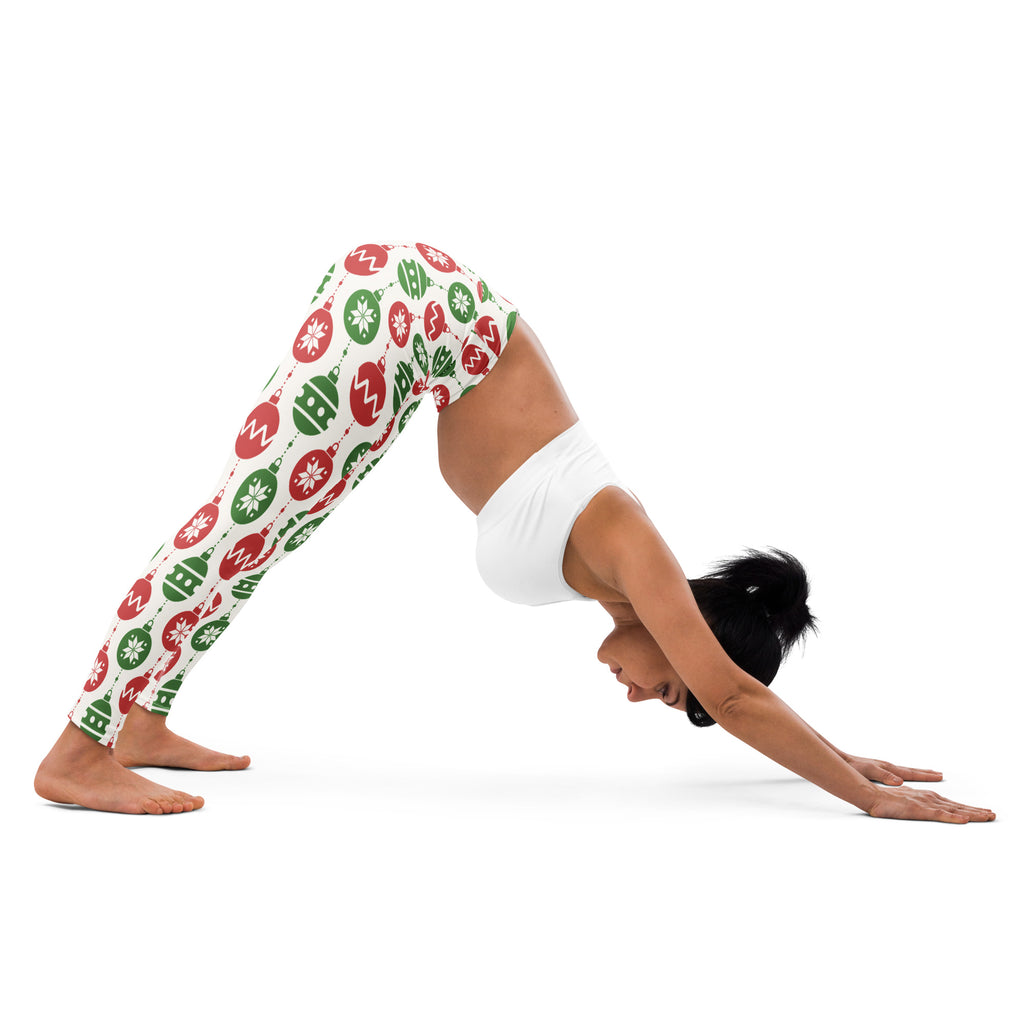 Women’s christmas ornament buttery soft yoga leggings in red and green with festive ornament pattern